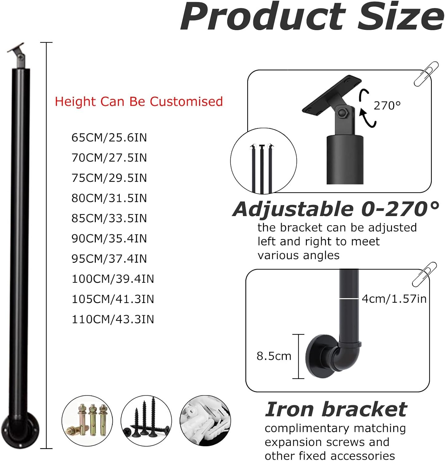 Black Wrought Iron Post for Front Porch Steps, Stair Railing Post with Adjustable 270° Angle Brackets, Staircase Baluster for Indoor and Outdoor(75cm(29.5in))