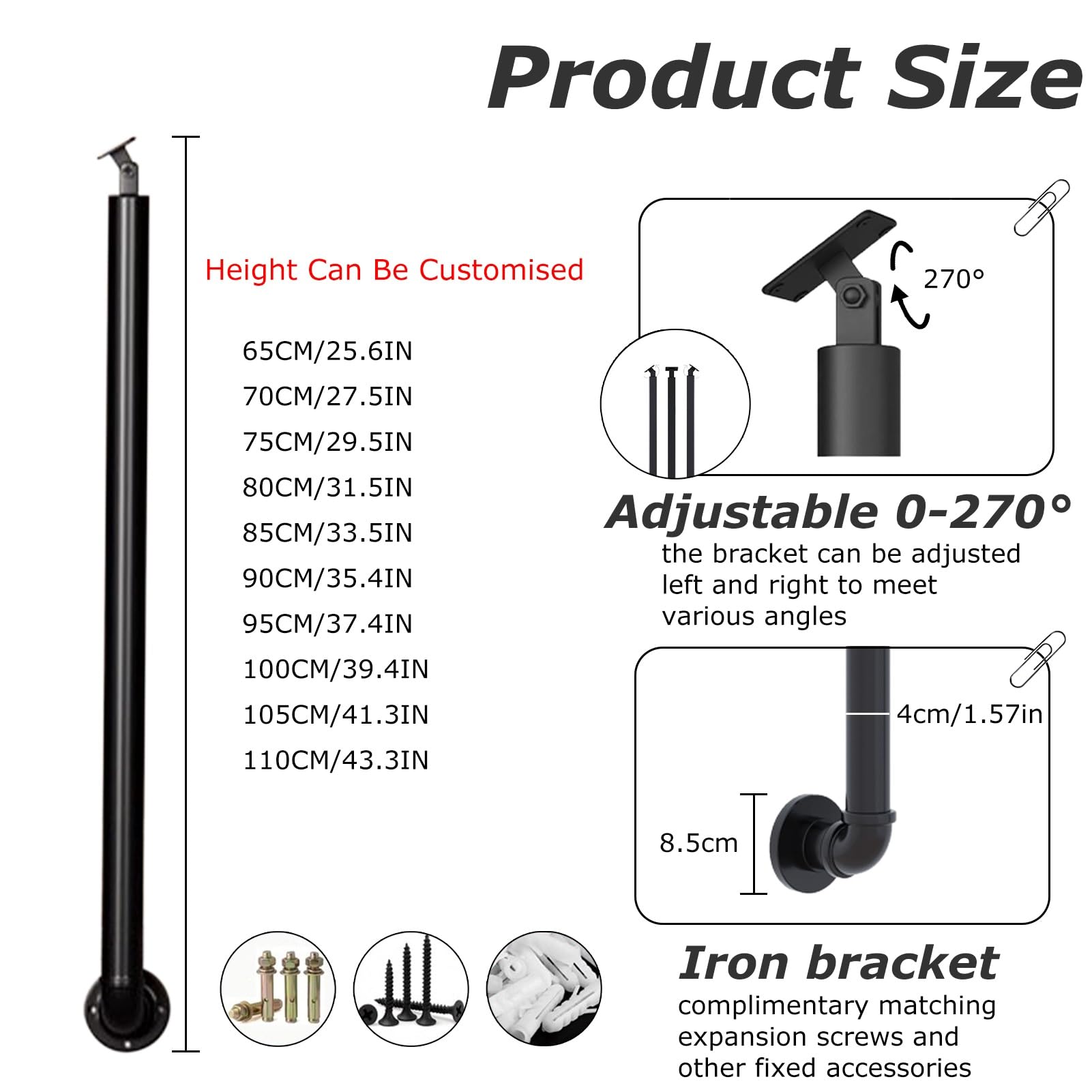 L-sd Tralki z kutego żelaza - regulowane słupki balustrady schodowe 0°-270° ze wspornikami do montażu na ścianie - 65 cm (25,6 cala) czarne kolumny na schody