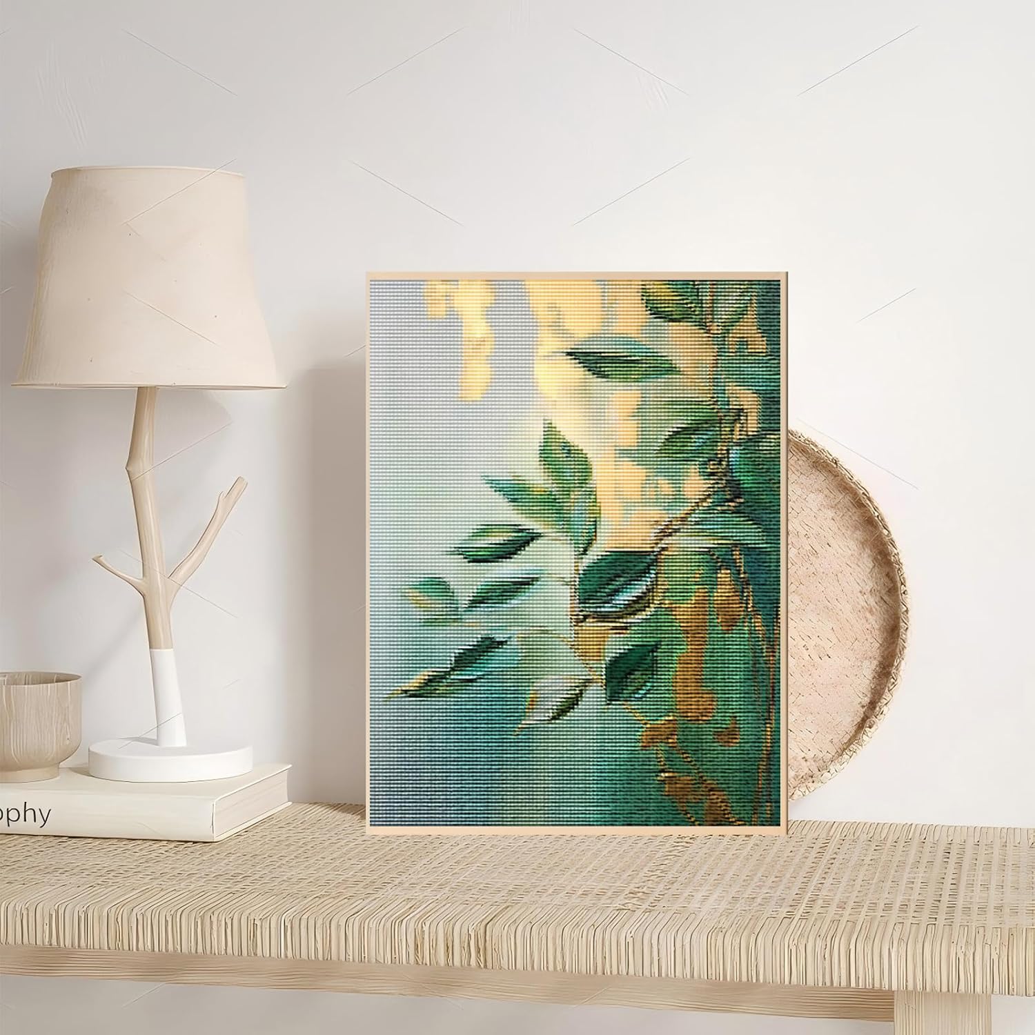 CYLVYLL Vintage Flowers Cross Stitch Pattern, Beginner Needlepoint Kits for Adults, Green and Gold Fluid Floral Art Modern Botanical Plant, 11CT, 12x16 inch