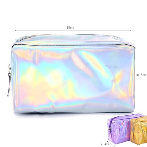 Miniatura 2 de Bolsa de maquillaje holográfica de piel sintética, bolsa de cosméticos, impermeable, organizador de artículos de tocador, bolsa para bolígrafos para