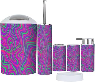 Bathroom Accessories Set 6 Pcs Wave Colorful Neon Proton Marble Chaos Purple Green Plastic Pink Toothbrush Holder Cup Soap Dispenser Soap Dish Toilet Brush Holder Trash Can for Countertop Decor