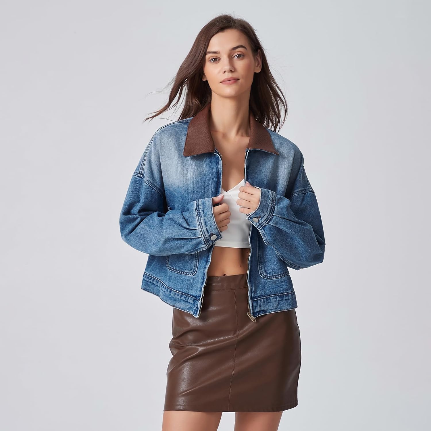 D-Sun Women's Denim Jackets Leather Collar Long Sleeve Zipper Cropped Jean Jacket Denim Coat With Pockets - Image 3