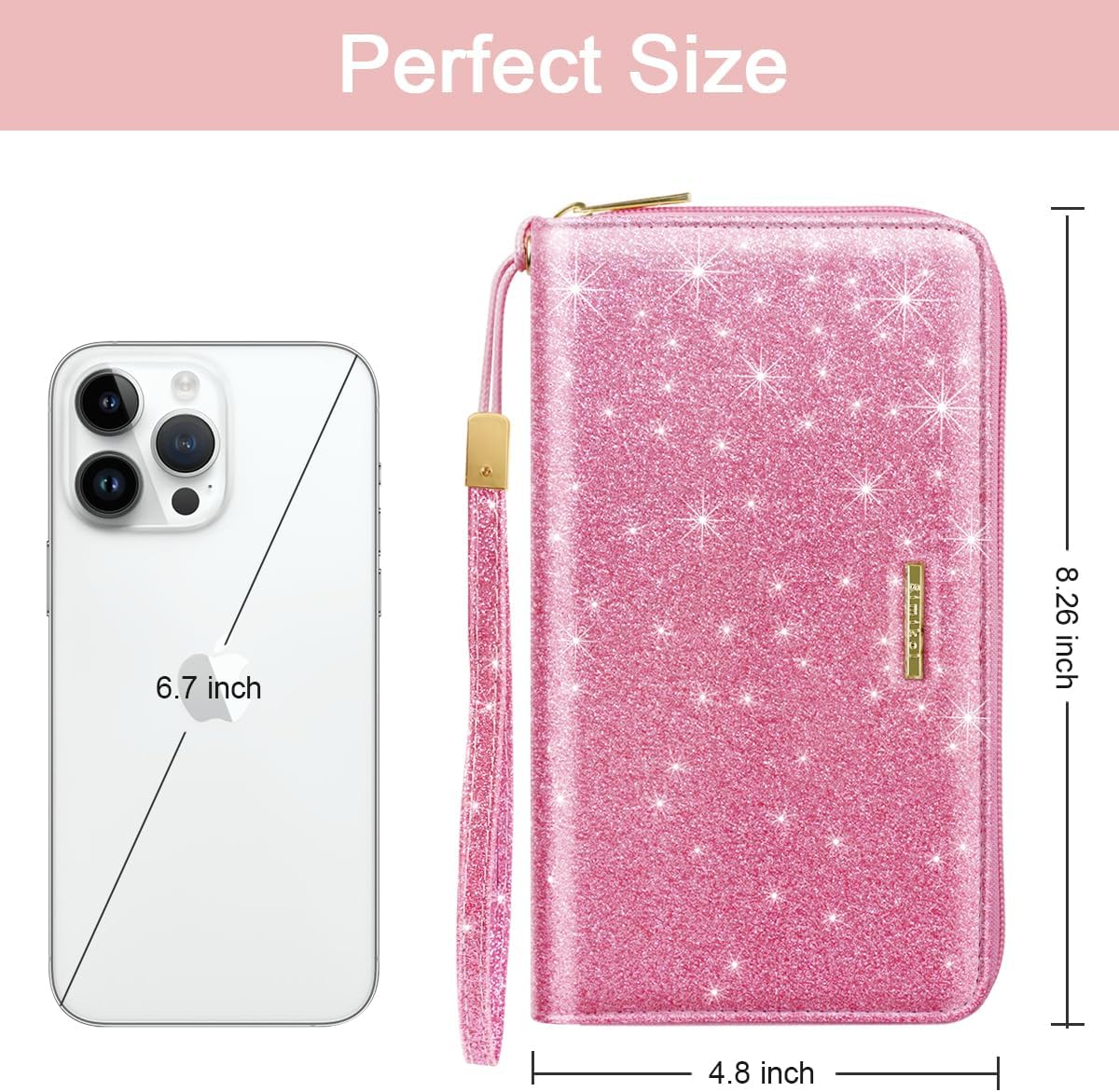 Large Capacity Wallets for Women RFID Blocking Leather Zip Around Phone Purse Ladies Travel Credit Card Clutch with Wristlet, Glitter Peach - Image 4