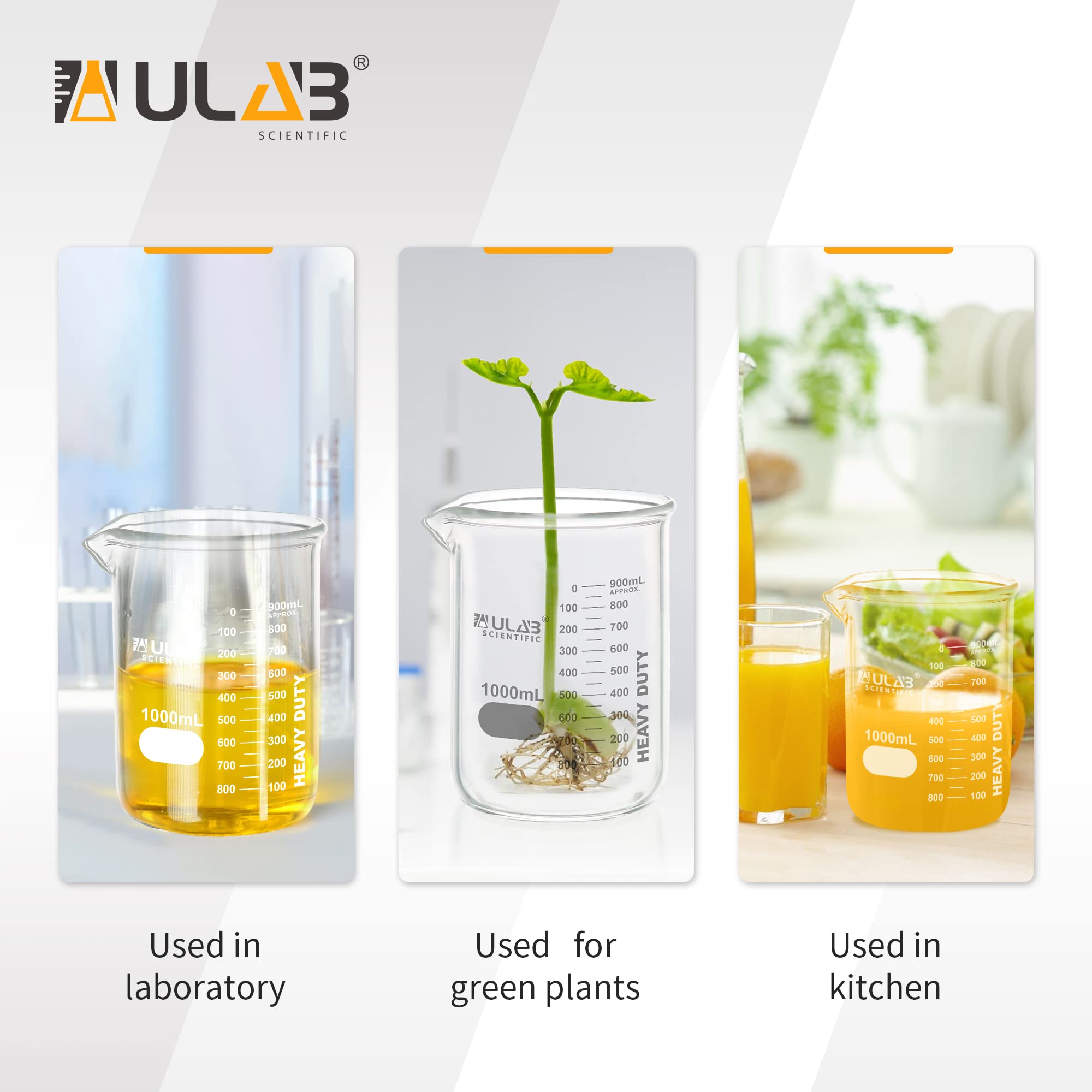 ULAB Becher di vetro, Heavy Duty, con graduazione stampata a doppia scala. 2pcs di Vol.1000ml, UBG1065