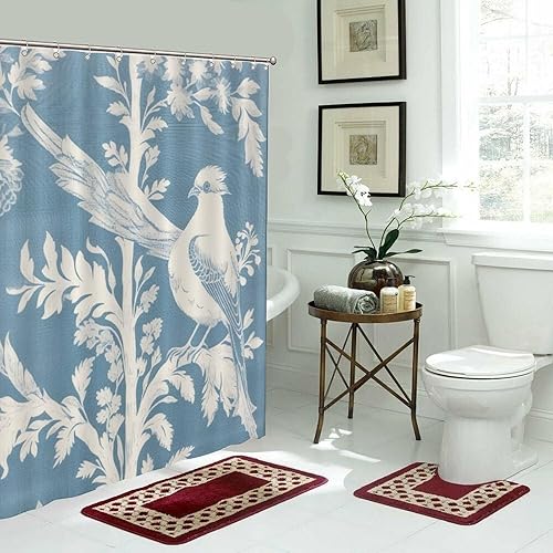 Miniatura 752 de Cortinas de ducha de baño con ganchos, 72 x 92 pulgadas, cortina de ducha de tela impermeable con diseño de flores y pájaros, cortina de ducha