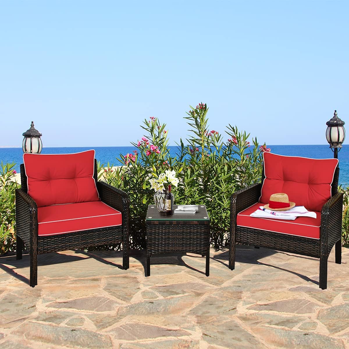 DORTALA Small Patio Furniture Set 3 Piece, Wicker Outdoor Table and Chairs Set with Cushions, All Weather Rattan Conversation Bistro Set for Balcony, Porch, Backyard, Deck, Red