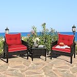 DORTALA Wicker Patio Furniture Set 3 Piece, Outdoor Small Table and Chairs with Cushions, All Weather Balcony Conversation Bistro Set for Garden, Backyard, Porch, Poolside, Red