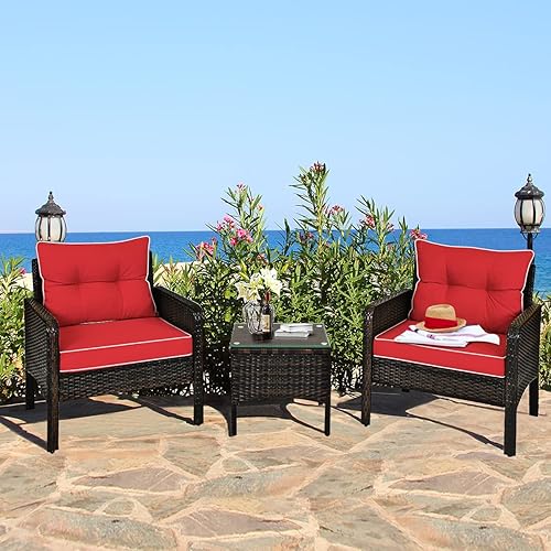 Miniatura 8 de ORALNER Juego de 3 piezas para conversación de patio, sofá de mimbre para todo tipo de clima y mesa auxiliar con cojines gruesos, muebles de