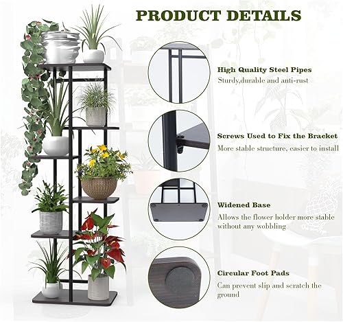 Miniatura 3 de tonchean Soporte para plantas de 6 niveles para interiores, estante esquinero de metal alto para múltiples plantas, estante para plantas para