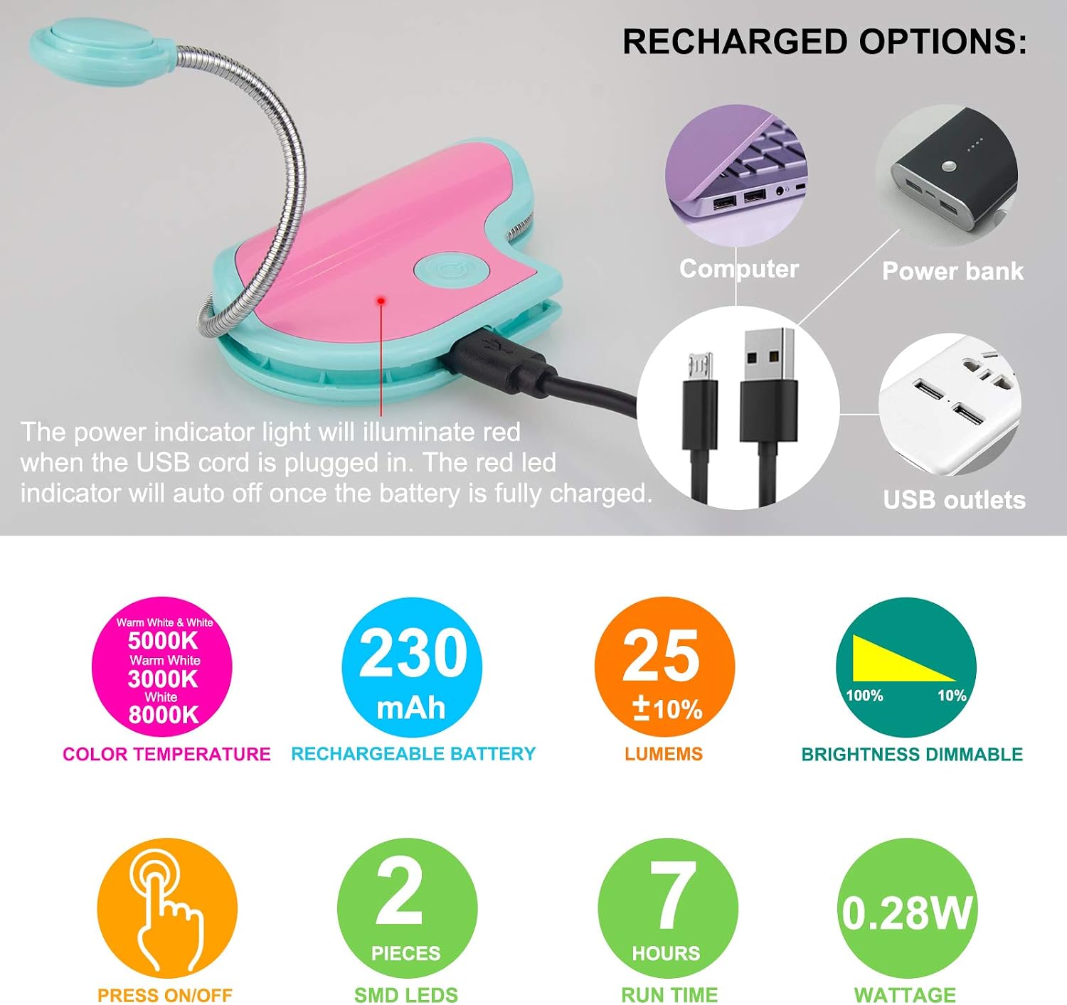 BIGMONAT Book Light for Reading Clip on,Rechargeable Dimmable Small Kids Book Light,Multi Colors Portable LED Reading Lamp with 360° Rotary Light Neck,Wireless Bookmark Llight for Books in Bed (Blue) image 5
