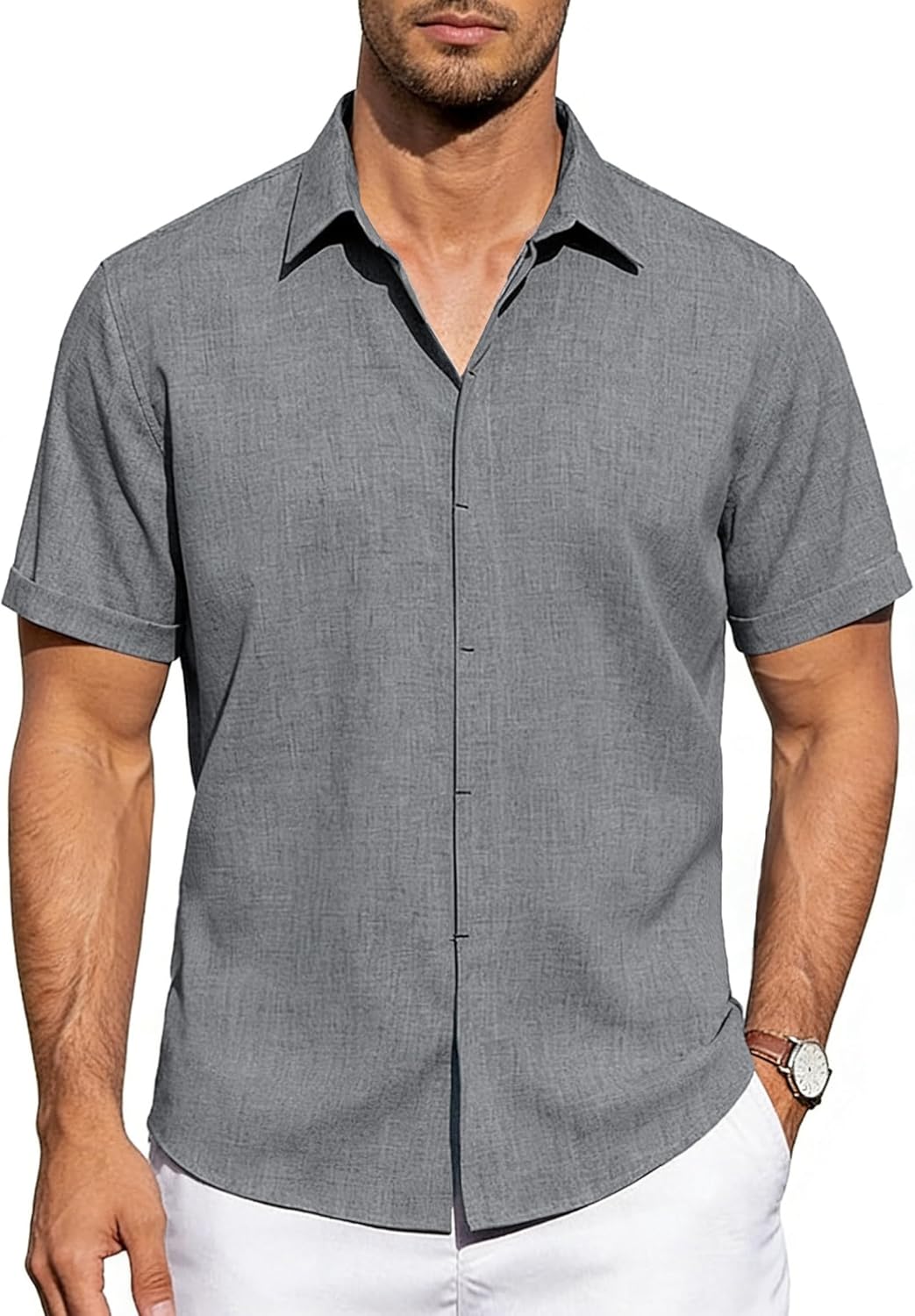 Mens Linen Shirts Short Sleeve Casual Shirt Button Down Summer Beach Vacation Tops Men Casual Dress Shirts Breathable