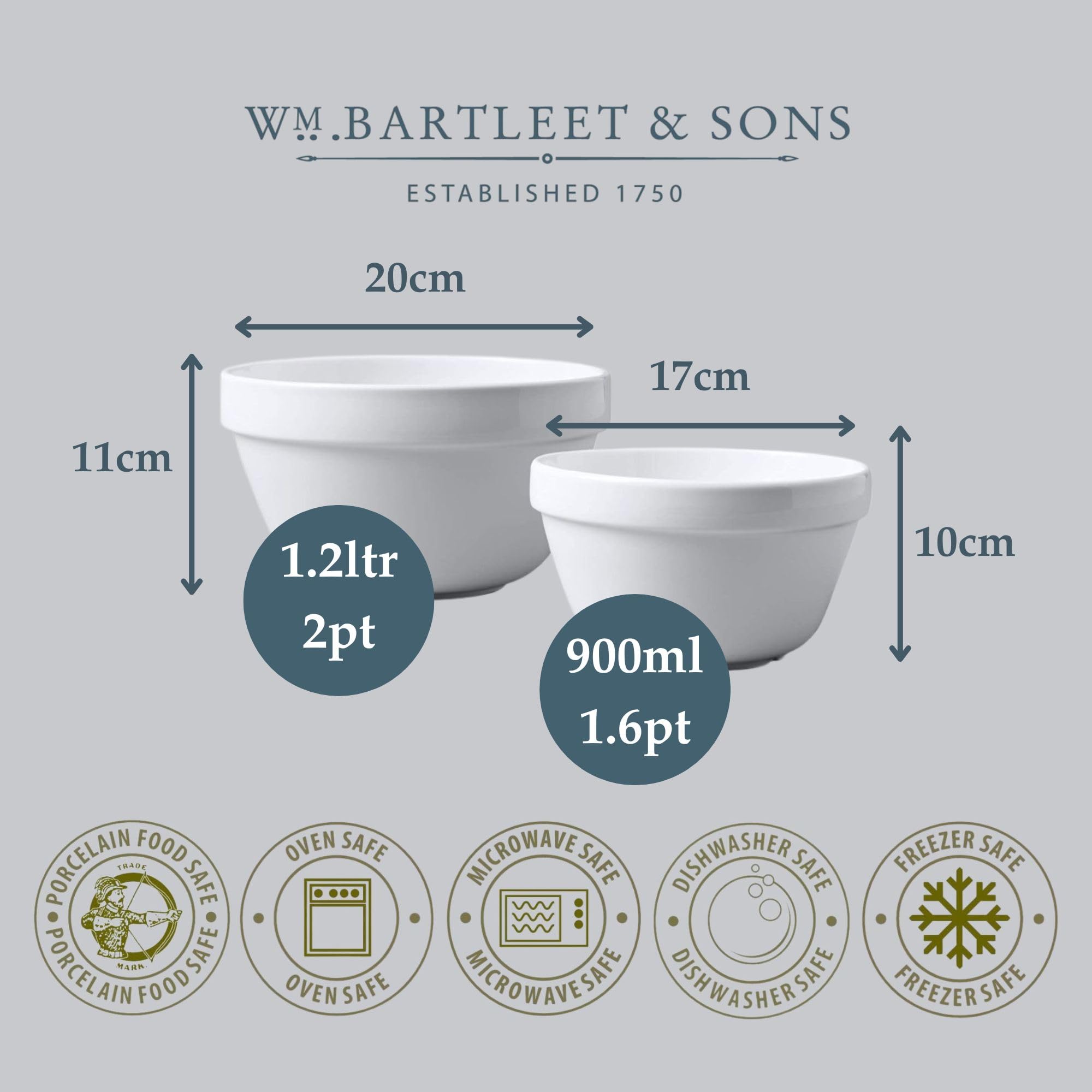 Wm Bartleet & Sons Set mit 2 traditionellen Porzellan-Pudding-Becken (900 ml, 1,6 pt/1250 ml, 2pt) – Weiß