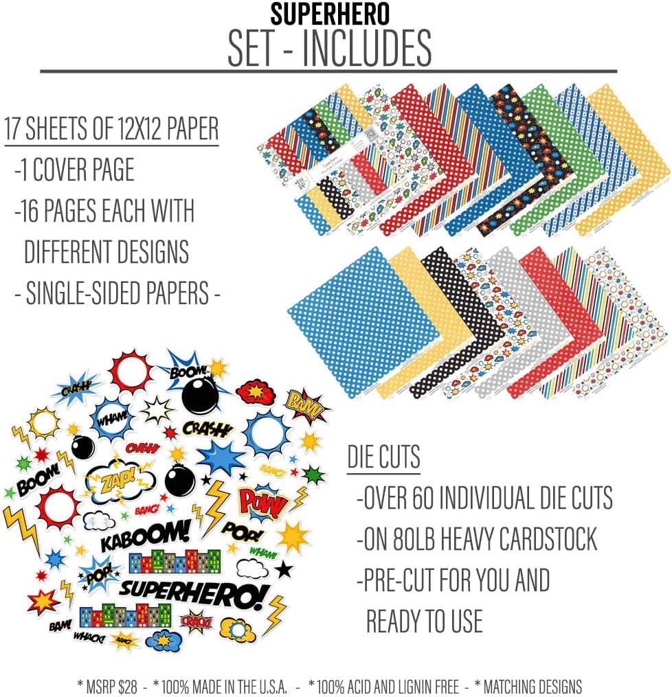 Die Cuts & Paper Set - Superhero - By Miss Kate Cuttables - 16 Single - Sided 12"x12" Premium Vellum Paper Sheets & OVER 60 Coordinating Die Cuts