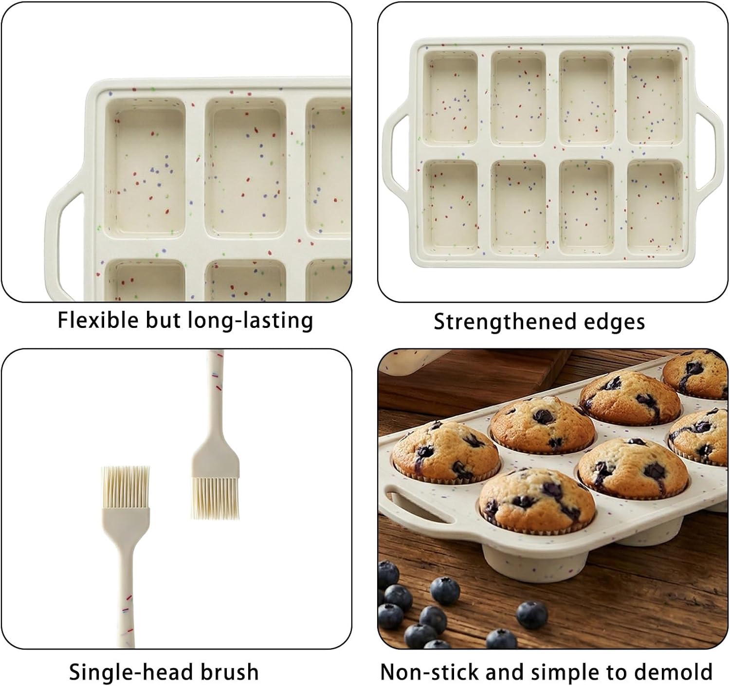 9 Pcs Silicone Baking Tool Set with 4 Molds, 2 Size Spatulas, 1 Pastry Brush, 1 Scraper Shovel, Oven Mitts, Nonstick Confetti Design for Cupcakes Brownies Bread