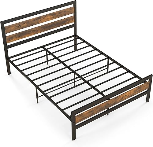 Miniatura 9 de Giantex Base de cama de metal matrimonial, plataforma industrial con cabecera y estribo de madera, base de colchón de metal resistente, fácil
