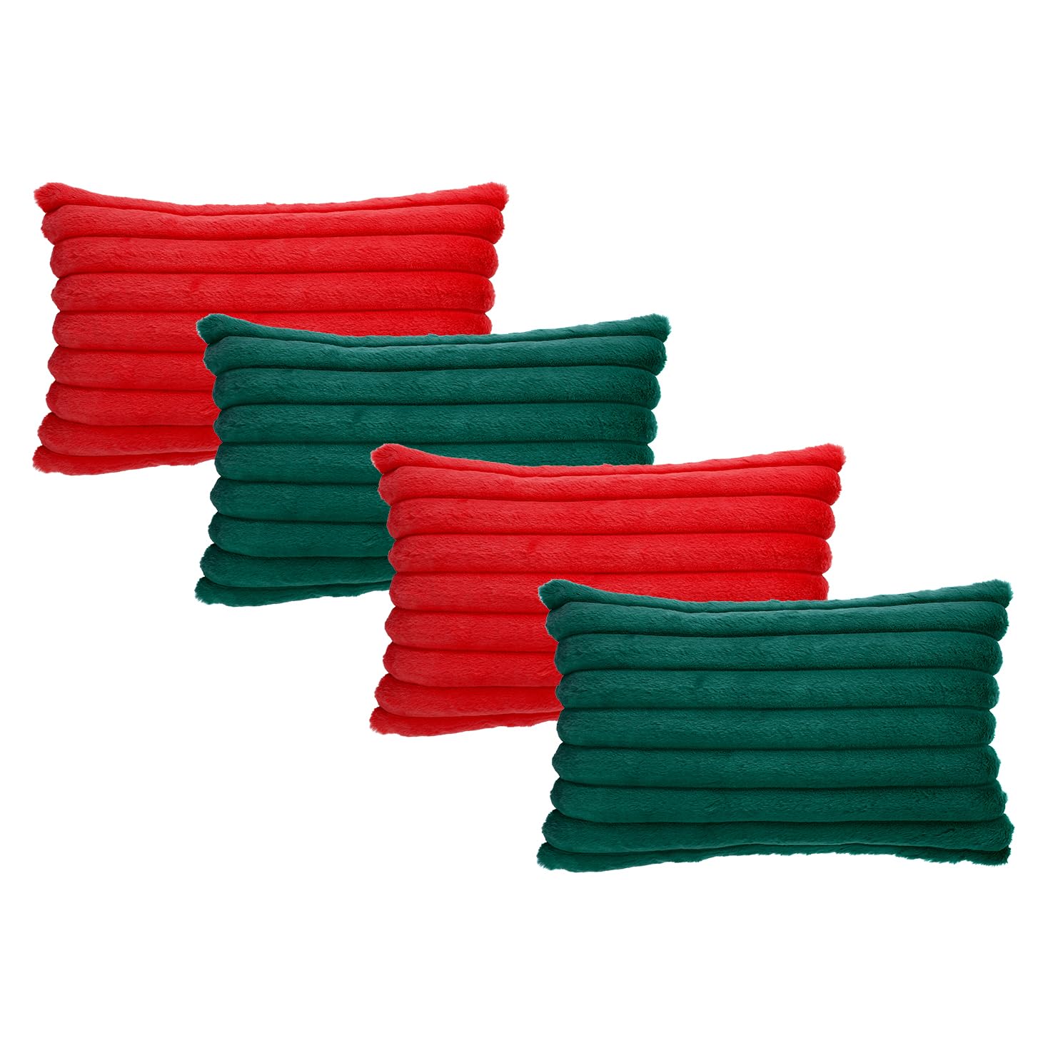 Christmas Cushion Covers 30cm x 50cm Fluffy Faux Fur Set of 4 Throw Pillow Covers Soft Plush Pillowcases for Sofa Bed Modern Style Home Decor Striped Cushion Cover 12x20 Inches Dark Green & Red