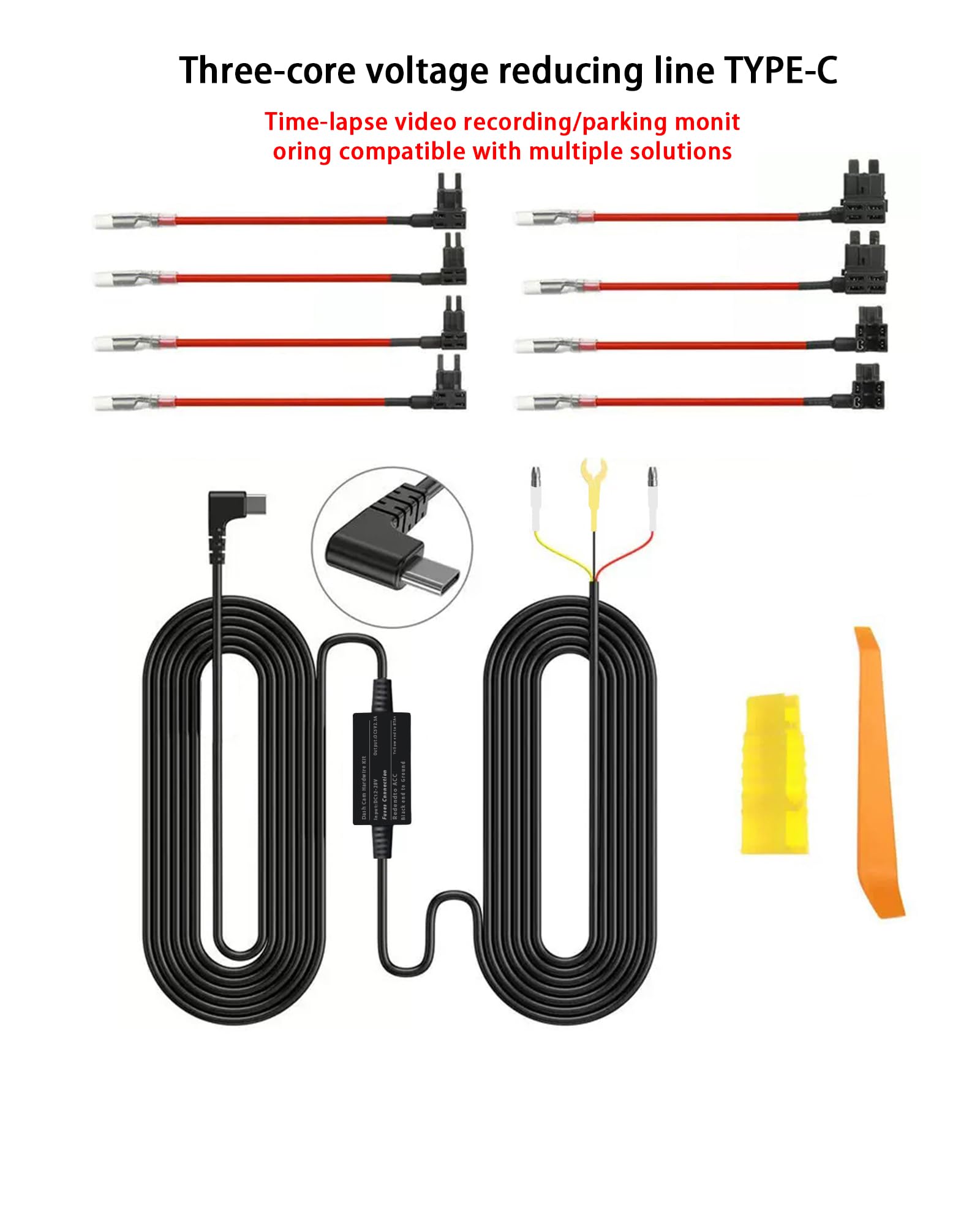 Universal Dashcam Hardwiring Kit with USB-C Power Port, Supporting 24-Hour Parking Monitoring and Low-Voltage Protection.