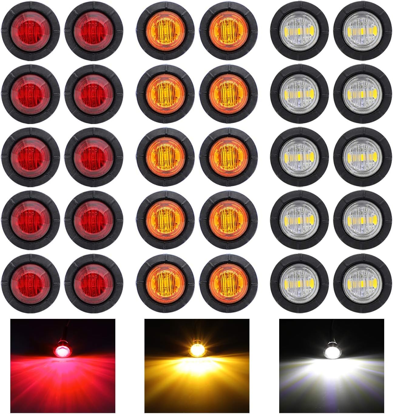 Ledvillage Pack of 30 3/4 Inch Mini Round 10 Amber + 10 Red + 10 White 3 LED Trailer Side Marker Button Lights Clearance Signal Lamp Boat Lorry Truck Pickup Bus 12V DC