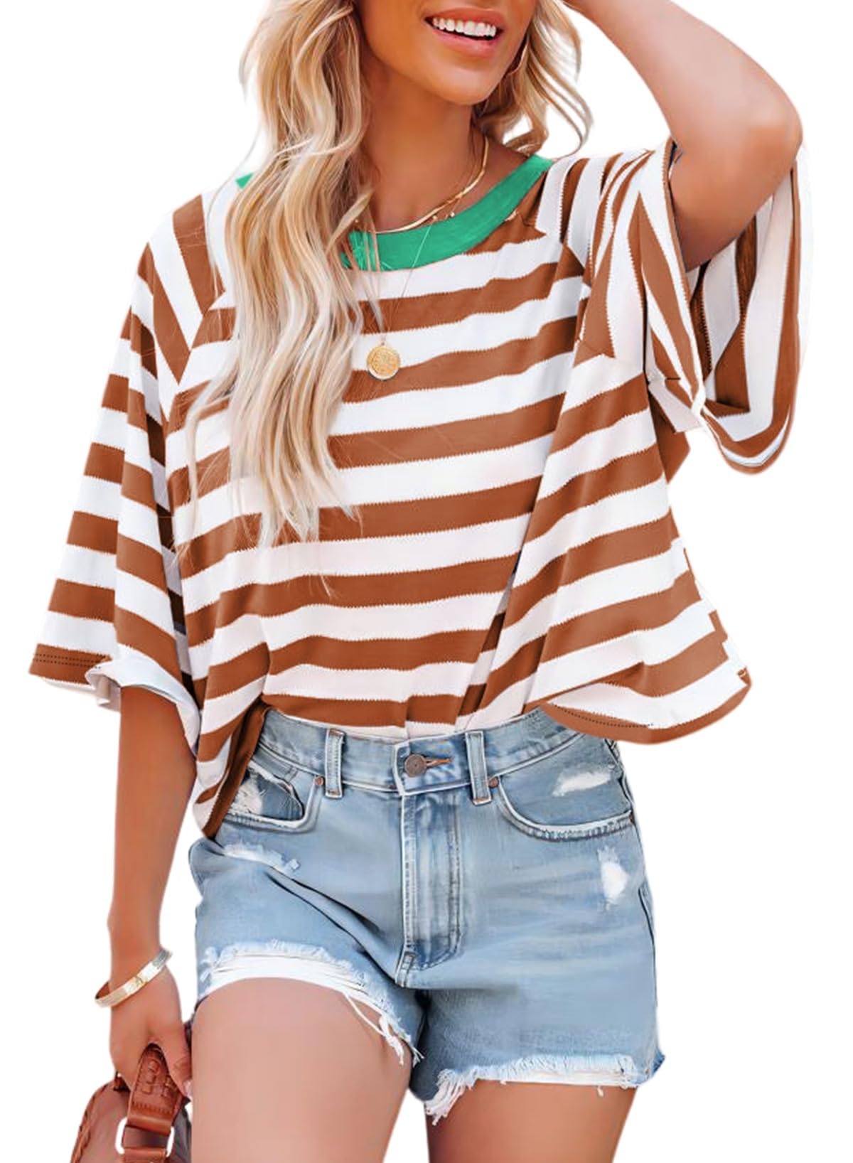 Dokotoo Tops for Women Striped 2025 Fashion T Shirts for Women Color Block Crewneck Design Loose Basic Tee