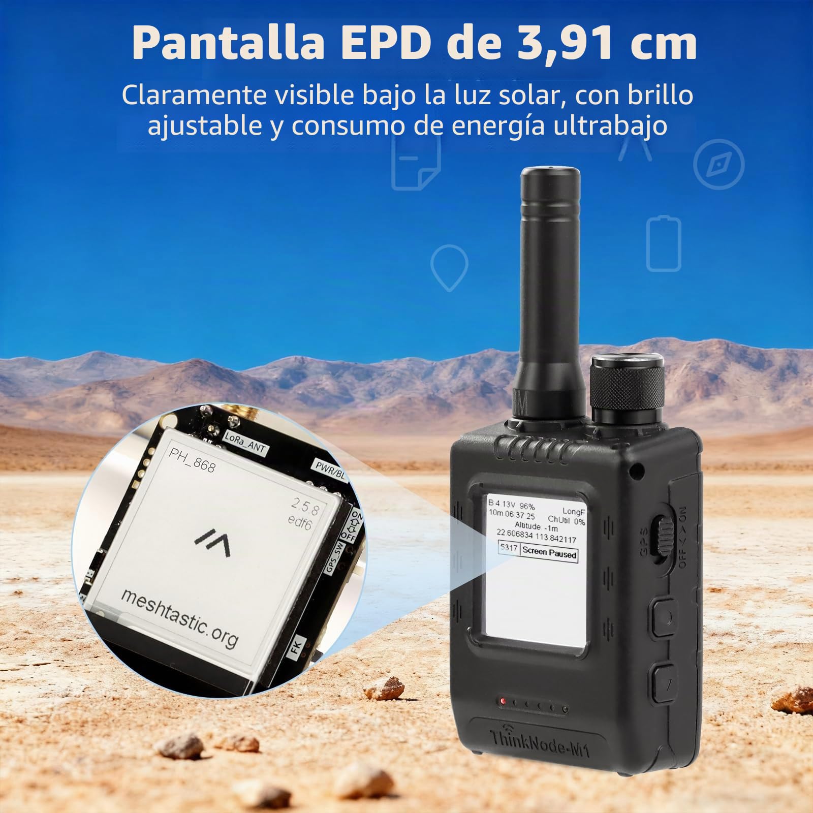 ELECROW LoRa Meshtastic Transceptor con GPS y nRF52840 - ThinkNode M1 con pantalla EPD de 1.54 pulgadas y funda, módulo inalámbrico SX1262 915MHz, batería de 1200mAh para Meshtastic