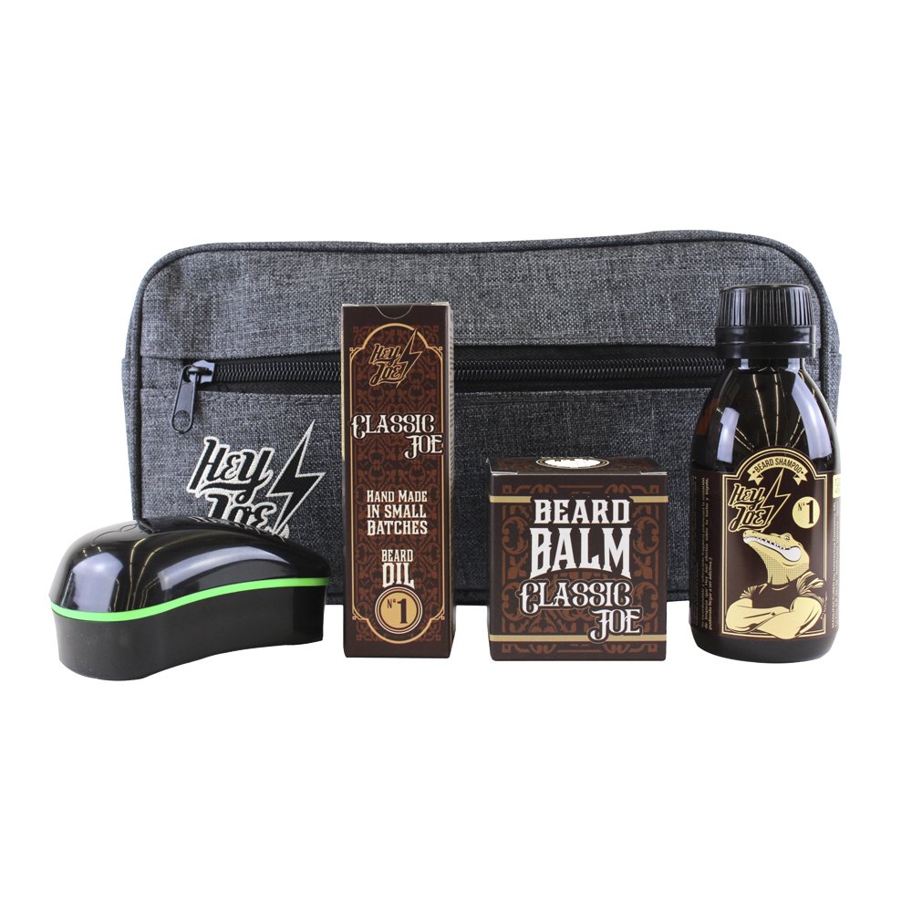 HEY JOE - Bearded Survival KIT Deluxe Nº 1 | Kit de arreglo barbas que incluye: aceite, balsamo, champú, cepillo para barba y neceser de regalo