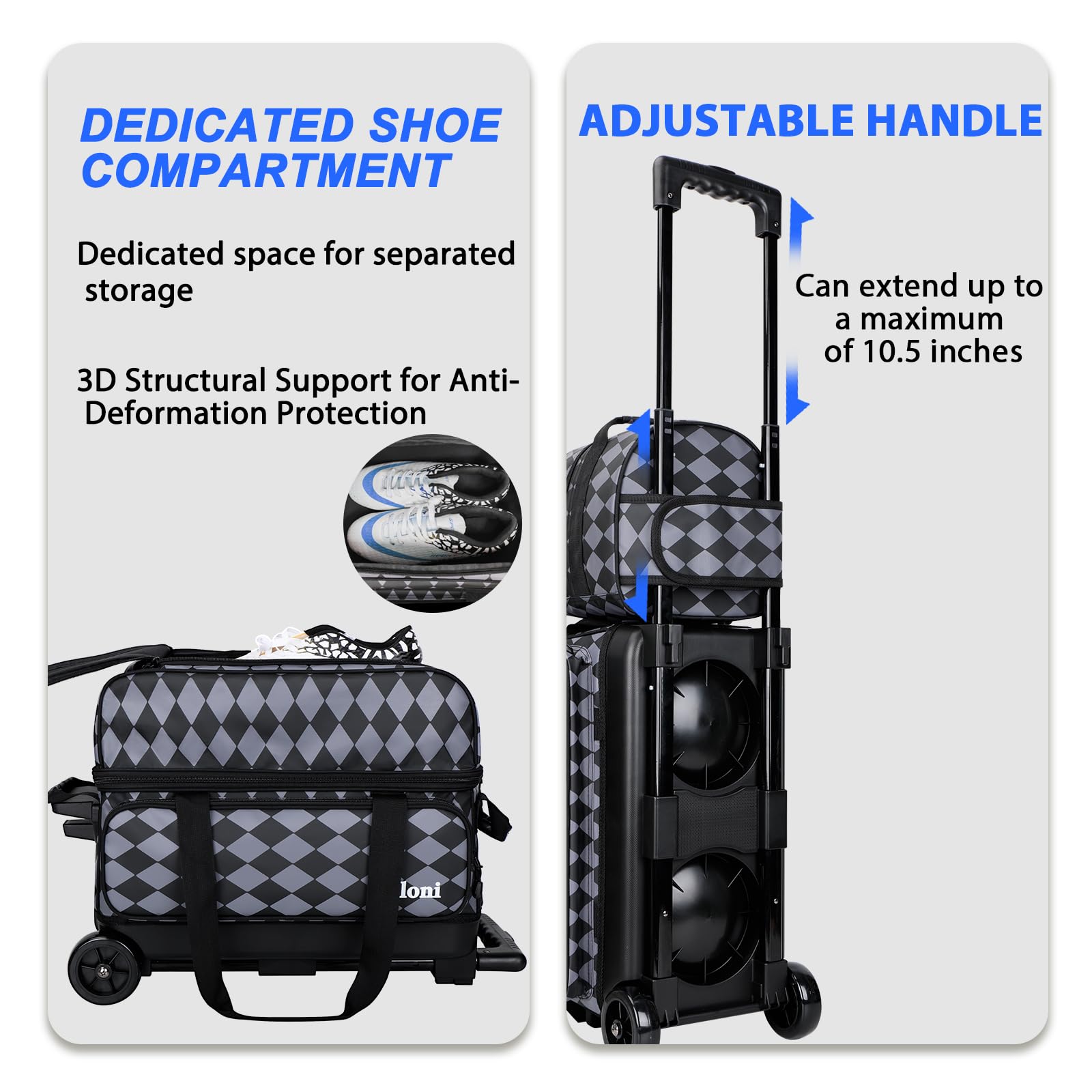 2 Ball Bowling Roller Bag With Wheels + Matching Tote – Separate Shoe Compartment, Retractable Handle, Durable Oxford