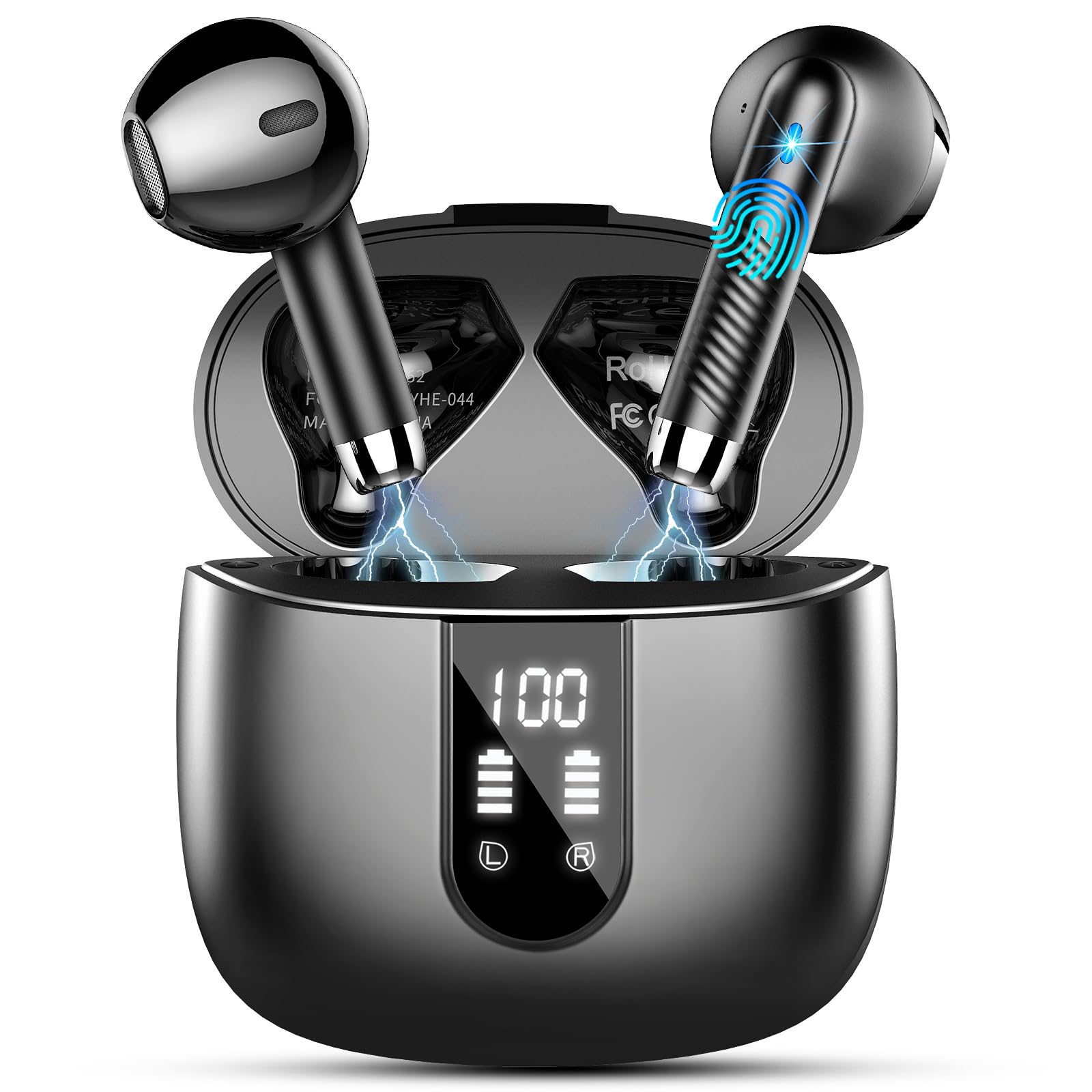 Wireless Earbuds, Bluetooth Headphones V5.3 with 4 ENC Noise Cancelling Mics, 40H Bluetooth Earphones Stereo Deep Bass 2024 New Bluetooth Earbuds with Dual LED Display, IP7 Waterproof, USB-C, Black