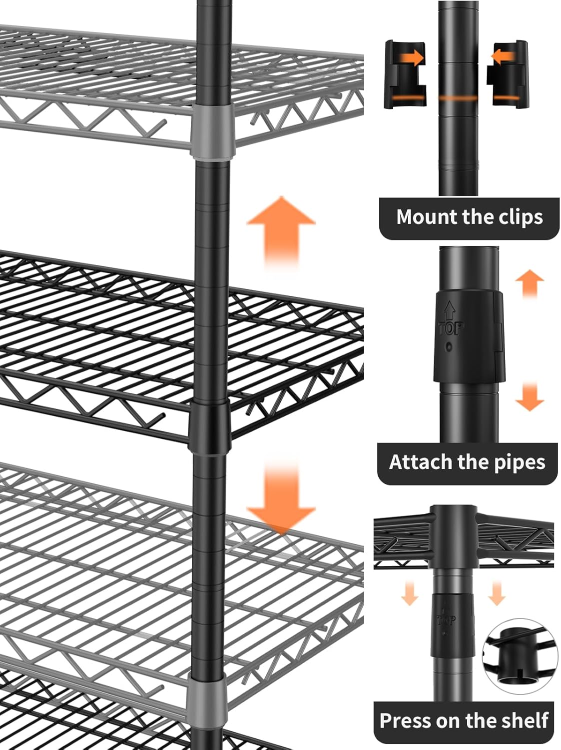5 Tier Adjustable Storage Shelves Heavy Duty Metal Utility Shelf 1750LBS Capacity Wire Shelving Unit Organizer Rack for Home Kitchen Garage Pantry Room 18" D x 46" W x 77" H Black - Image 7