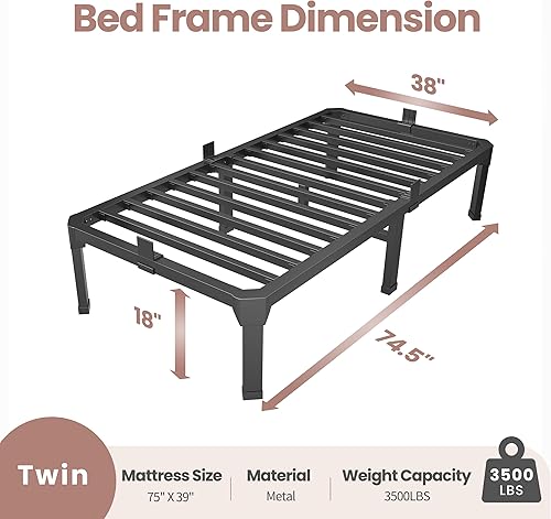 Miniatura 2 de ROIL Base de cama de tamaño individual de 18 pulgadas con tapón deslizante para colchón, plataforma de metal con listones de acero antichirridos