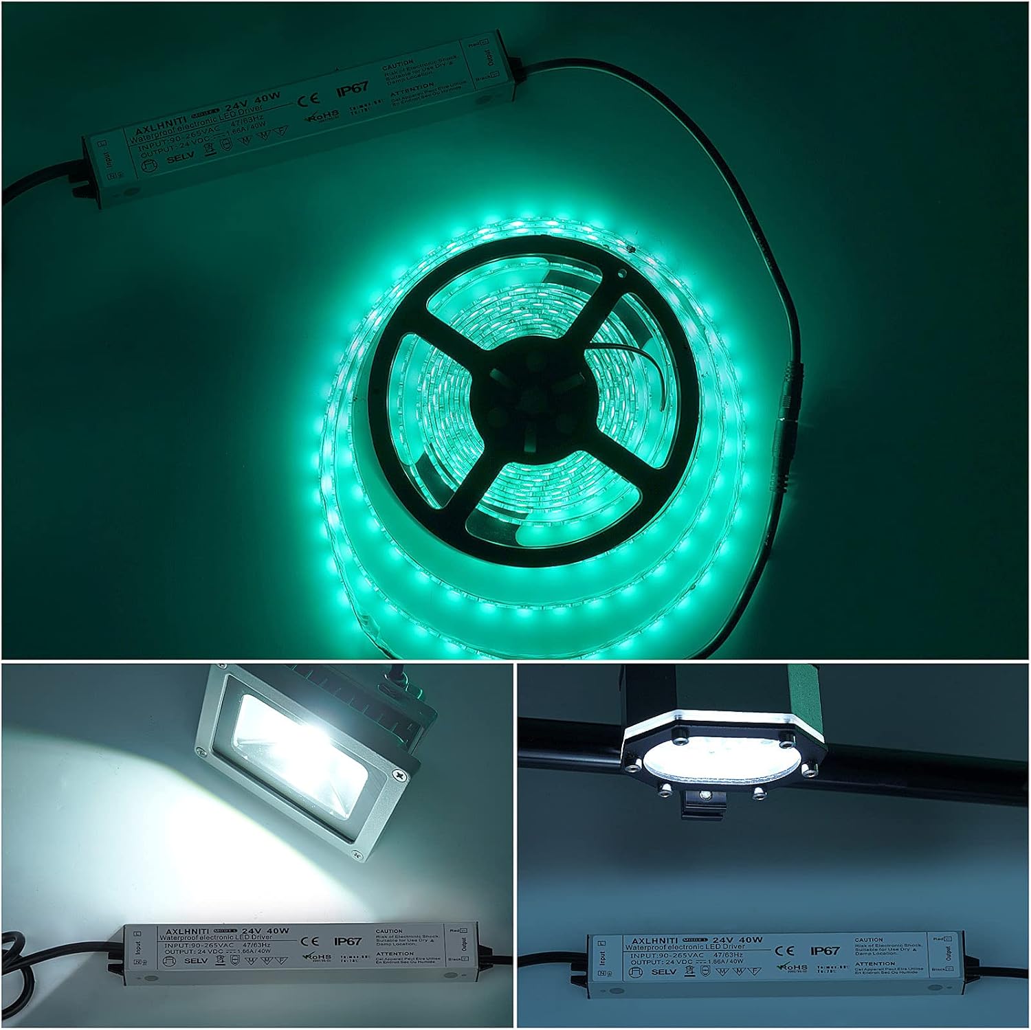 4 Pack LED Driver - 40W Waterproof IP67 Power Supply, 90V-265V AC to 24V DC, 3-Prong Plug 3.3 Feet Cable for Constant Voltage LED Products