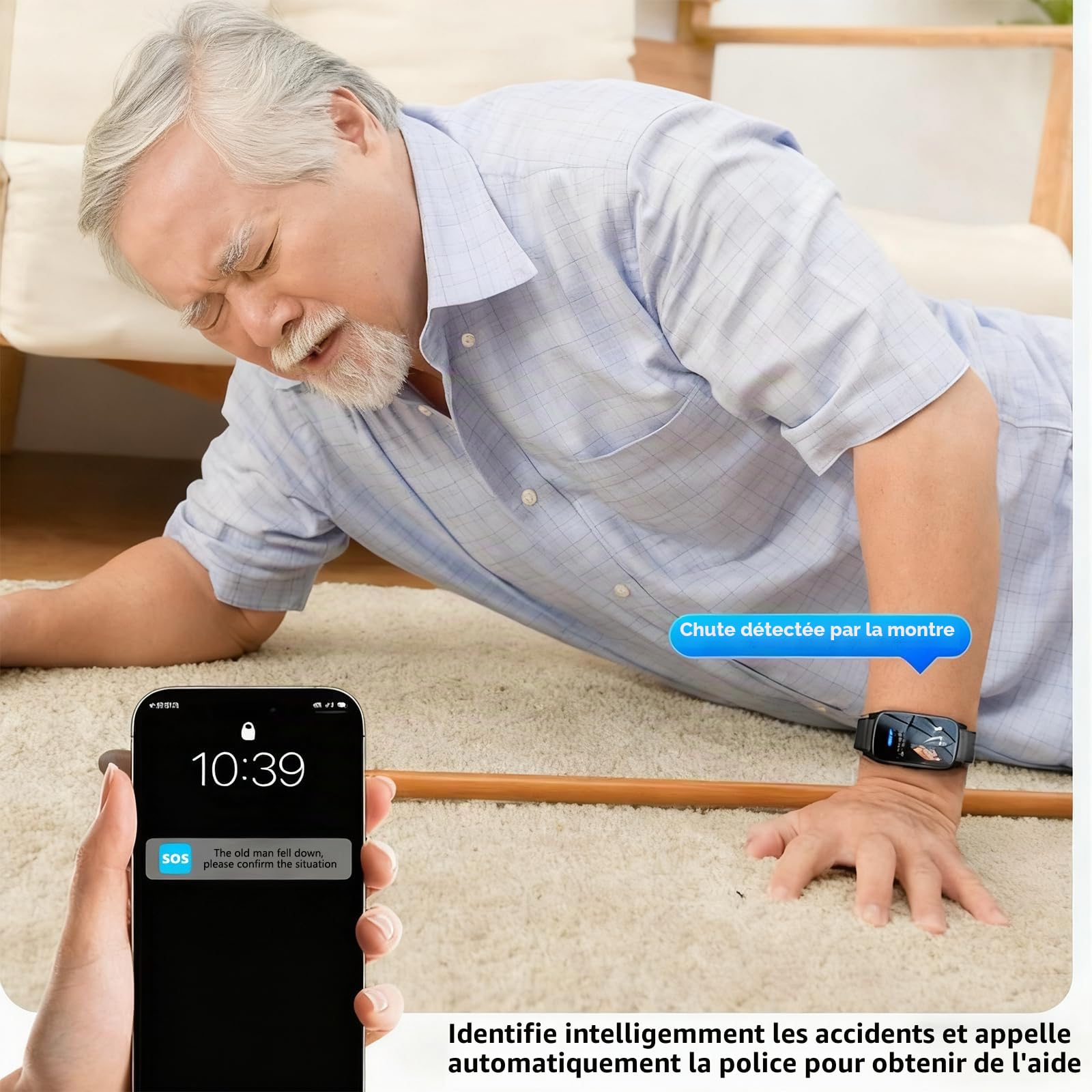 Montre intelligente avec détection de chute pour senior avec SOS et GPS, montre pour personnes âgées avec surveillance de la santé, étanche IP67, bracelet d'alerte d'urgence pour Thanksgiving