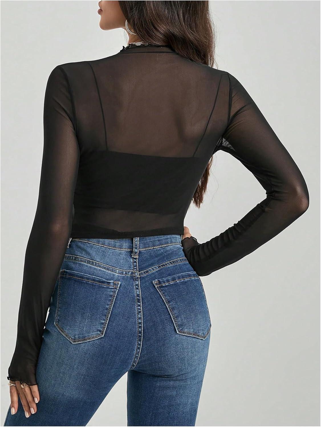 WDIRARA Women's Mock Neck Mesh Sheer Tops Lettuce Trim Long Sleeve See Through Tee Shirts Night Out Crop Tops - Image 2