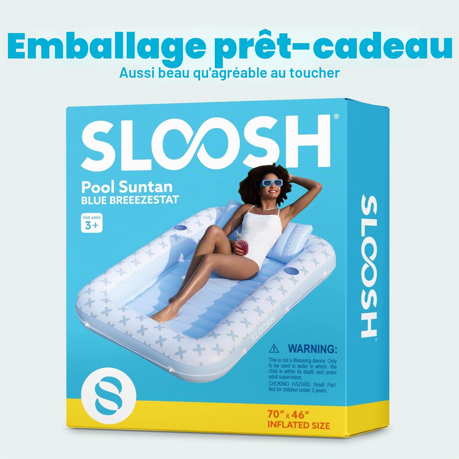 SLOOSH Chaise longue gonflable pour bronzage avec coussin, 178 cm x 117 cm, flotteur de piscine pour adultes, radeau de bain au soleil 4 en 1, lit de bronzage pour se prélasser dans l'eau, ballon