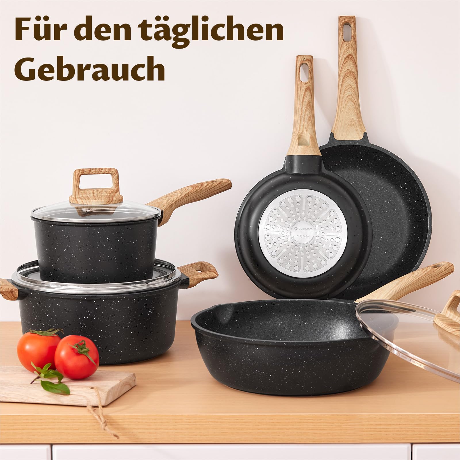 BLAZANT Juego de ollas de inducción, 10 piezas de granito, juego de sartenes antiadherentes con tapa, ollas y sartenes de aluminio para todo tipo de cocinas, sin PFAS