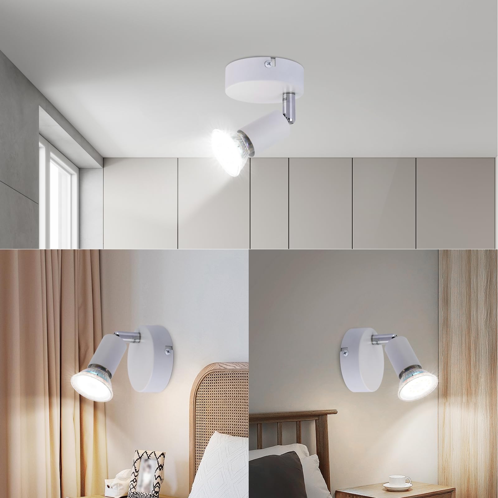 LED Lampara GU10 Foco Pared Lámpara Techo Blanco 2ER | Foco Orientable 330° Pasillo Pared Dormitorio Baño Cocina, Bombilla NO Incluida