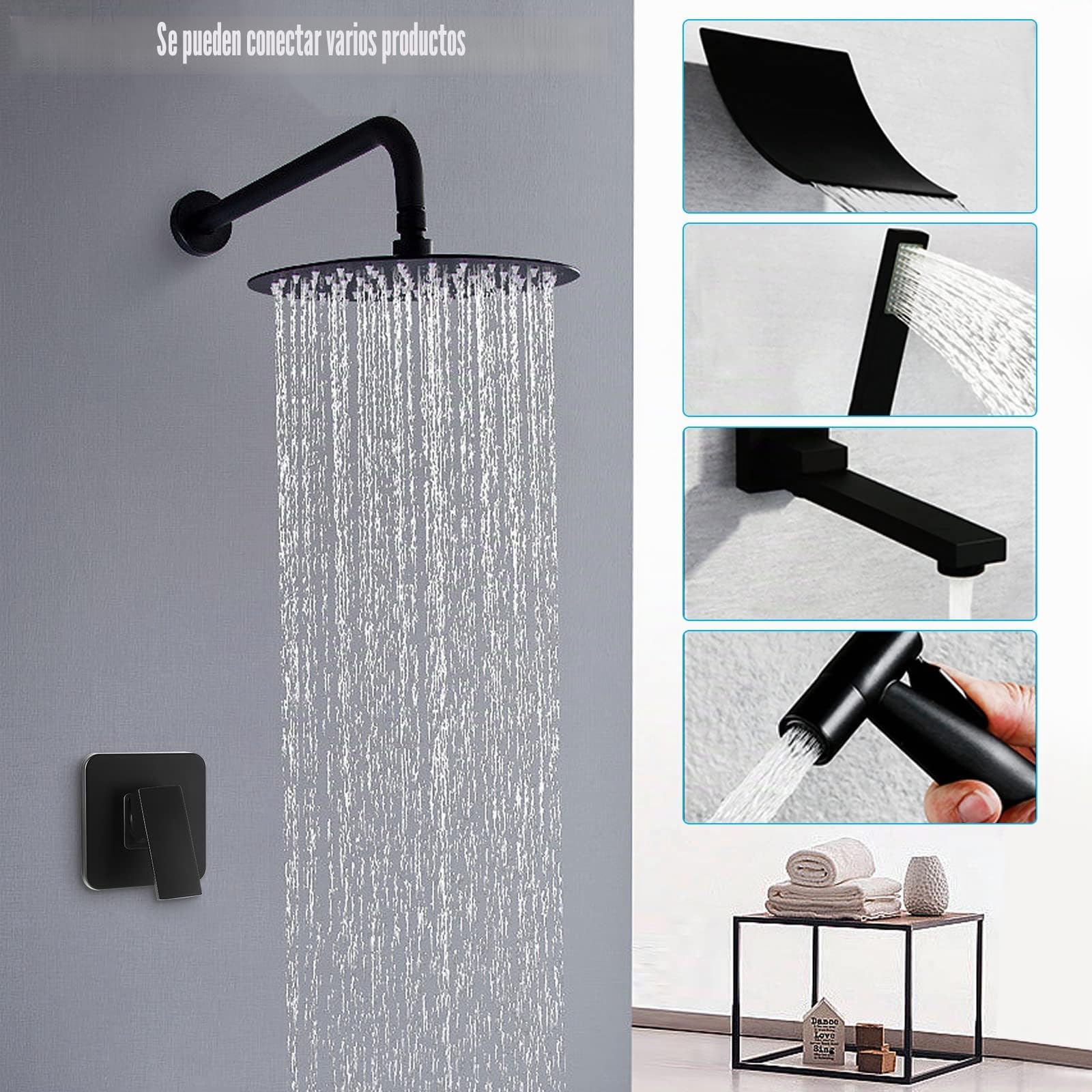 Grifo de ducha empotrado, juego de montaje en pared para ducha, grifo de baño empotrado, juego de montaje completo, llave de mezclador empotrado para ducha (Negro)