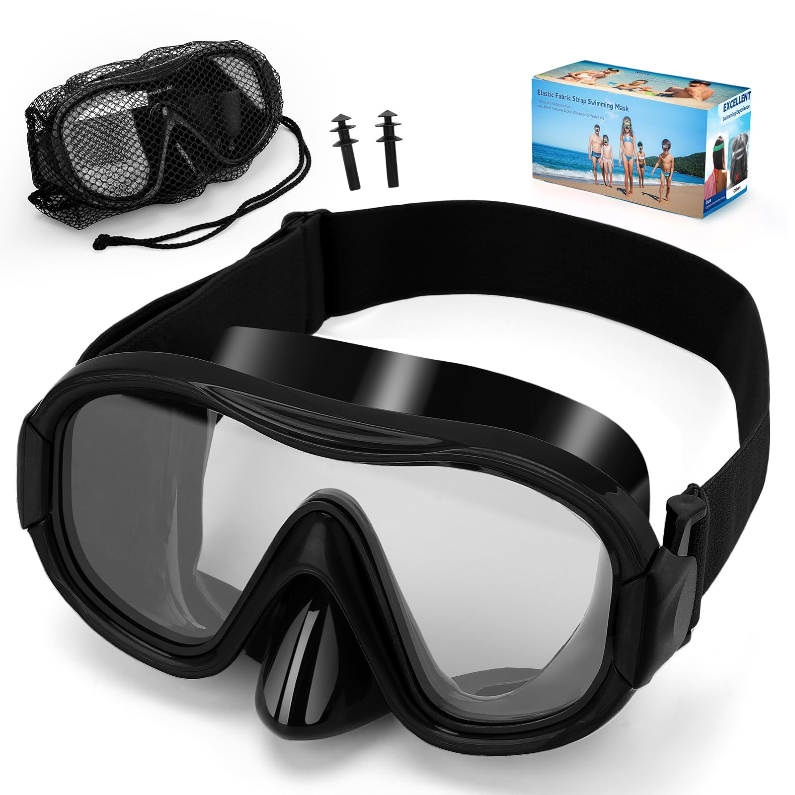 Diving Mask , Professional Anti-Fog Snorkel Goggles, Anti-Leak Swim Mask with Soft Adjustable Strap &amp; Mesh Bag, Earplug