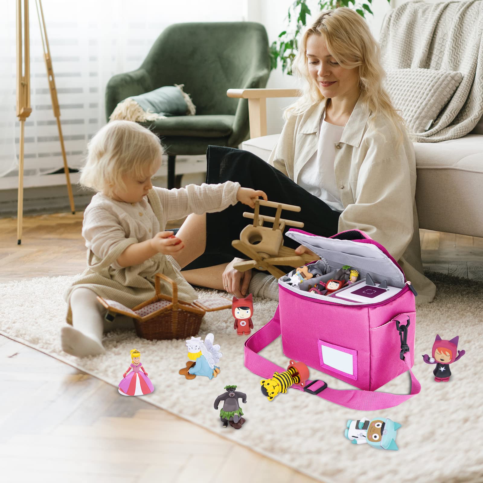 Tasche Kindergepäck viel Platz für Toniebox Figuren Tigerbox Transport Folie Hörfiguren Musikboxen Musikwürfel Ladegerät Kopfhörer Tigercard ideal für Tonie Starterset (Rosa Polyester)