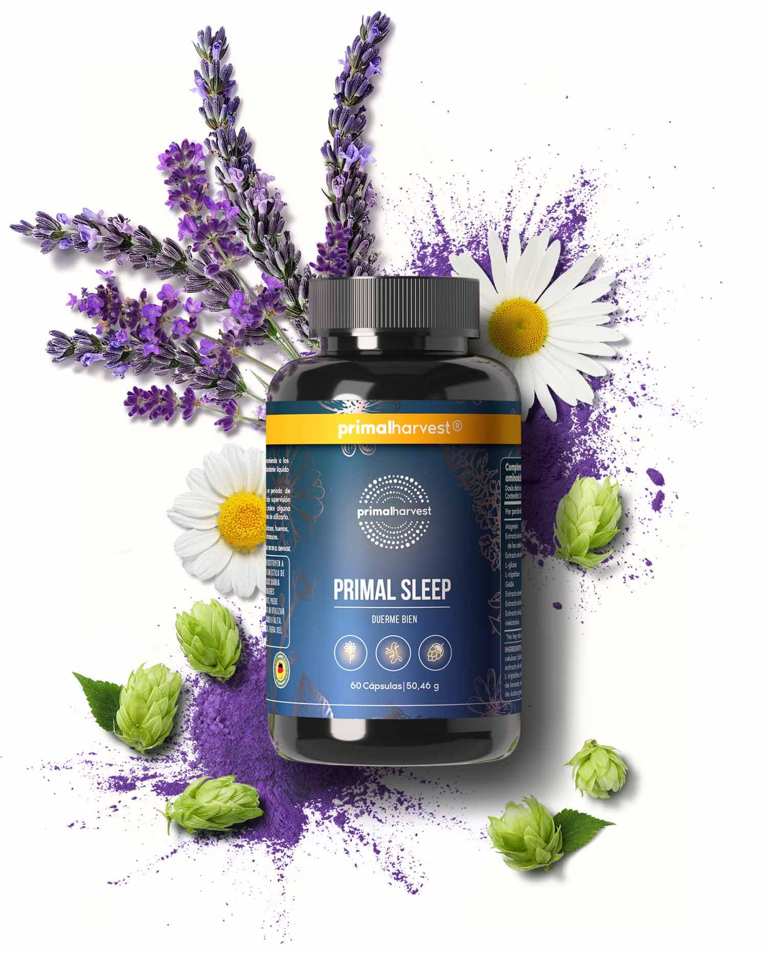 Primal Harvest Sleep - Mezcla natural con apigenina, L-triptófano, manzanilla y valeriana – Mezcla de hierbas como alternativa a la melatonina – Fabricado en Alemania