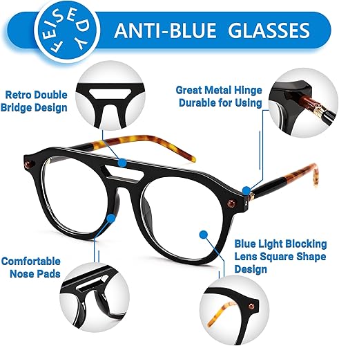Miniatura 3 de FEISEDY Gafas de bloqueo de luz azul aviador de los años 70, marco piloto cuadrado, antideslumbrante, gafas de computadora para mujeres y hombres,