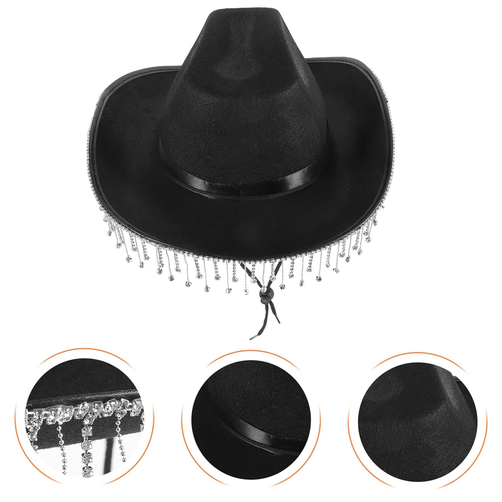 UPKOCH Sombrero estilo vaquero para mujer negro con borlas y pedrería diseño western para boda y fiestas sombrero transpirable de tela ligero y cómodo accesorio juvenil para eventos