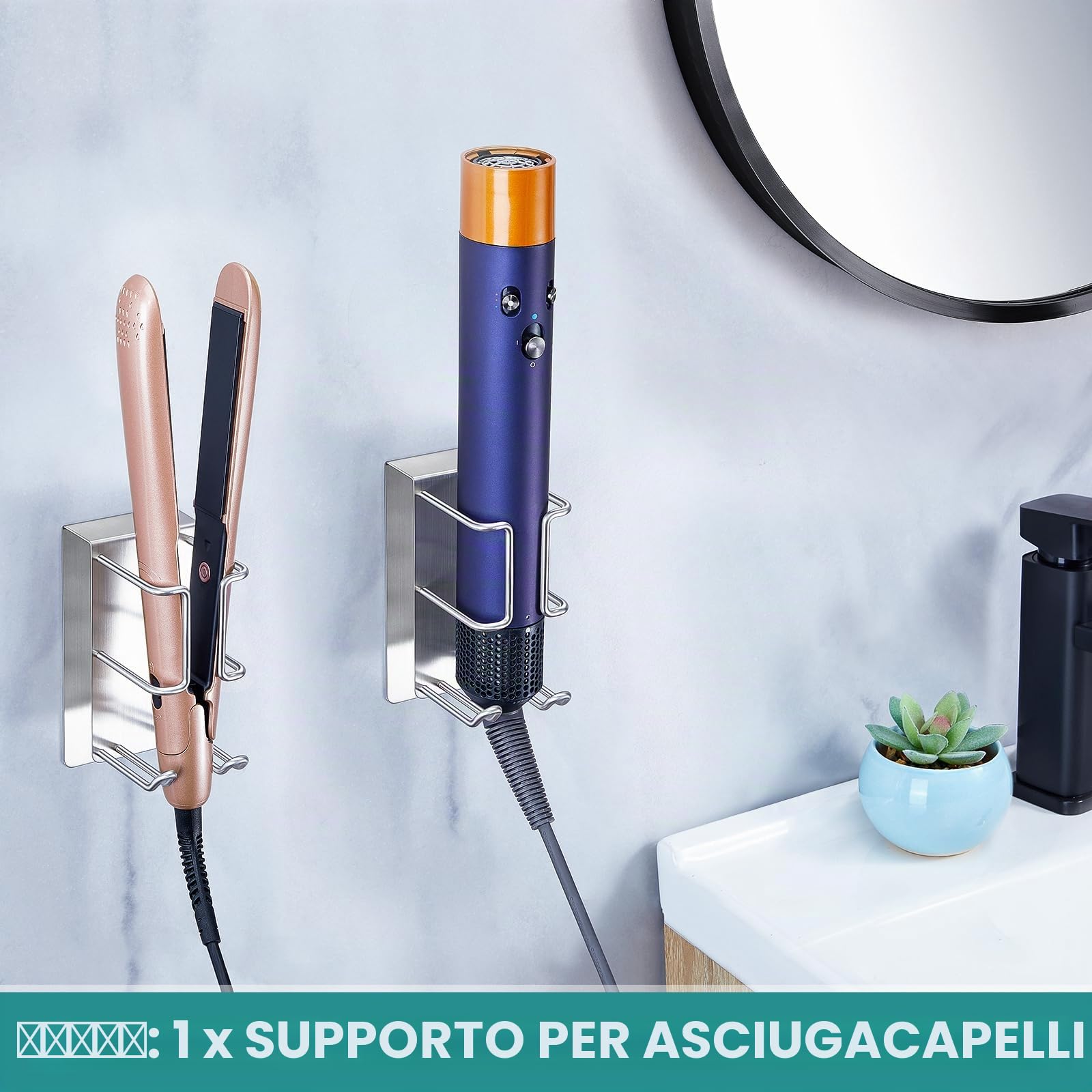 GGQ Supporto per asciugacapelli e piastra, porta phon senza foratura, porta phon da muro, contenitore per piastra e asciugacapelli, appendi phon bagno autoadesivo (Argento)