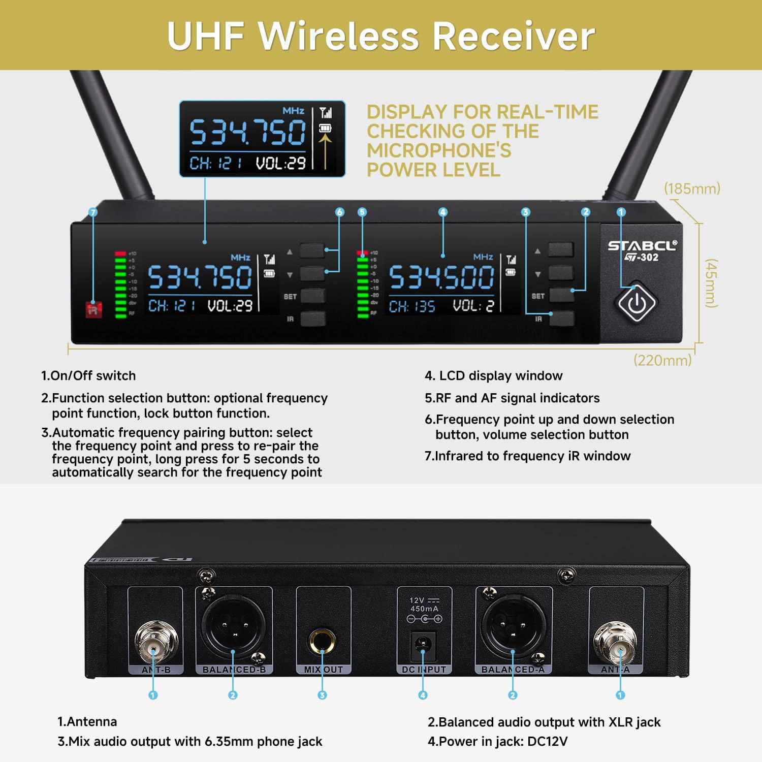 Professional Dual Wireless Microphones System Auto Scan, UHF 2X100 Channel Metal Wireless Microphone for Singing, Dj, Church, Karaoke, Handheld Vocal Dynamic Cordless Mic Long Range 300Ft - Image 4