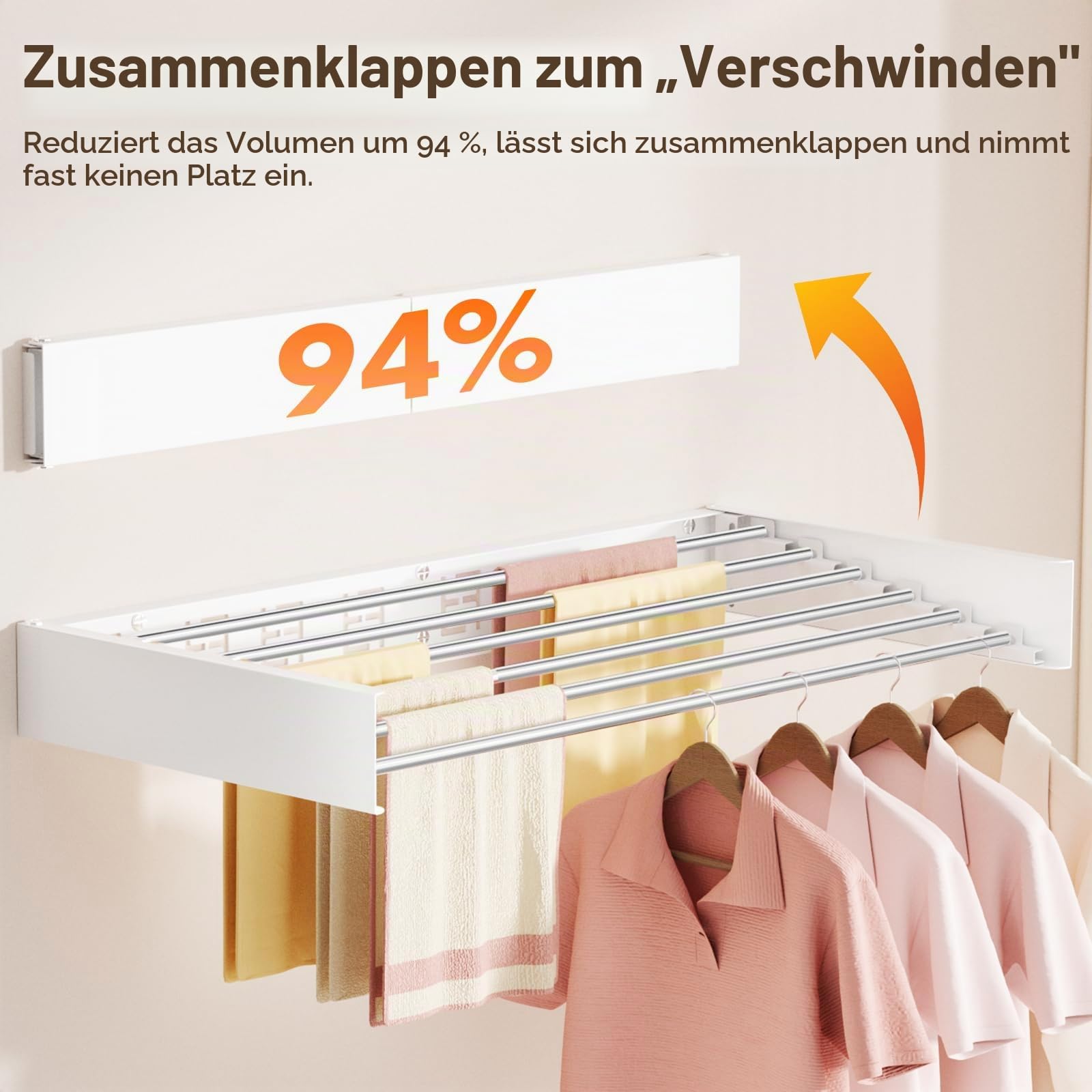 Wandmontierter klappbarer Wäscheständer, Faltbarer unsichtbarer Platzspar-Wäschetrockner, ausziehbarer Handtuchtrockner mit Bohrschablone (6 Trockenstangen, Weiß 100 cm)