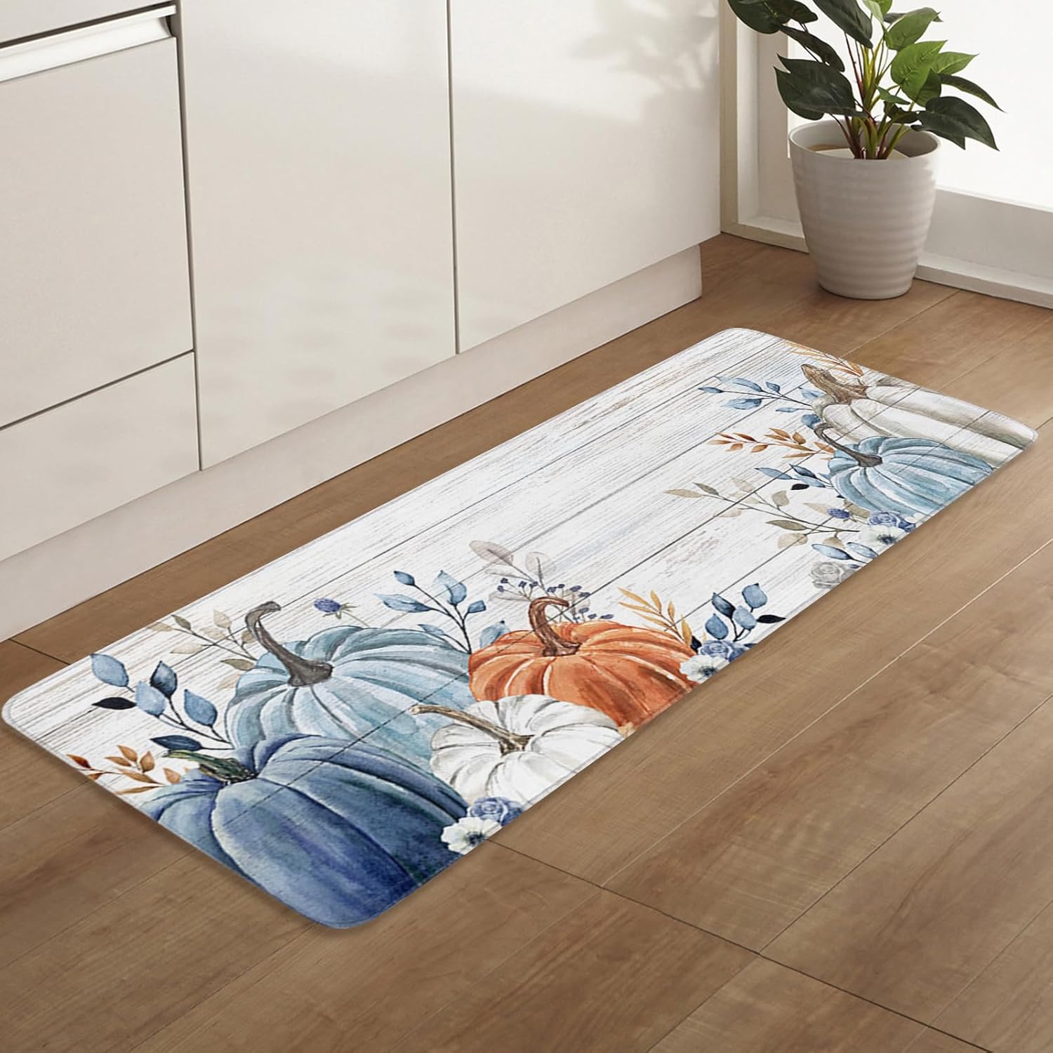 Fall Pumpkin Kitchen Mat Set 2 Pieces Thanksgiving Blue White and Orange Ombre Pumpkins Rustic Wood Grain Non Slip Kitchen Rugs Washable Runner Rug Mats for Kitchen Sink, 15.7" x 23.6"+15.7" x 47.2"