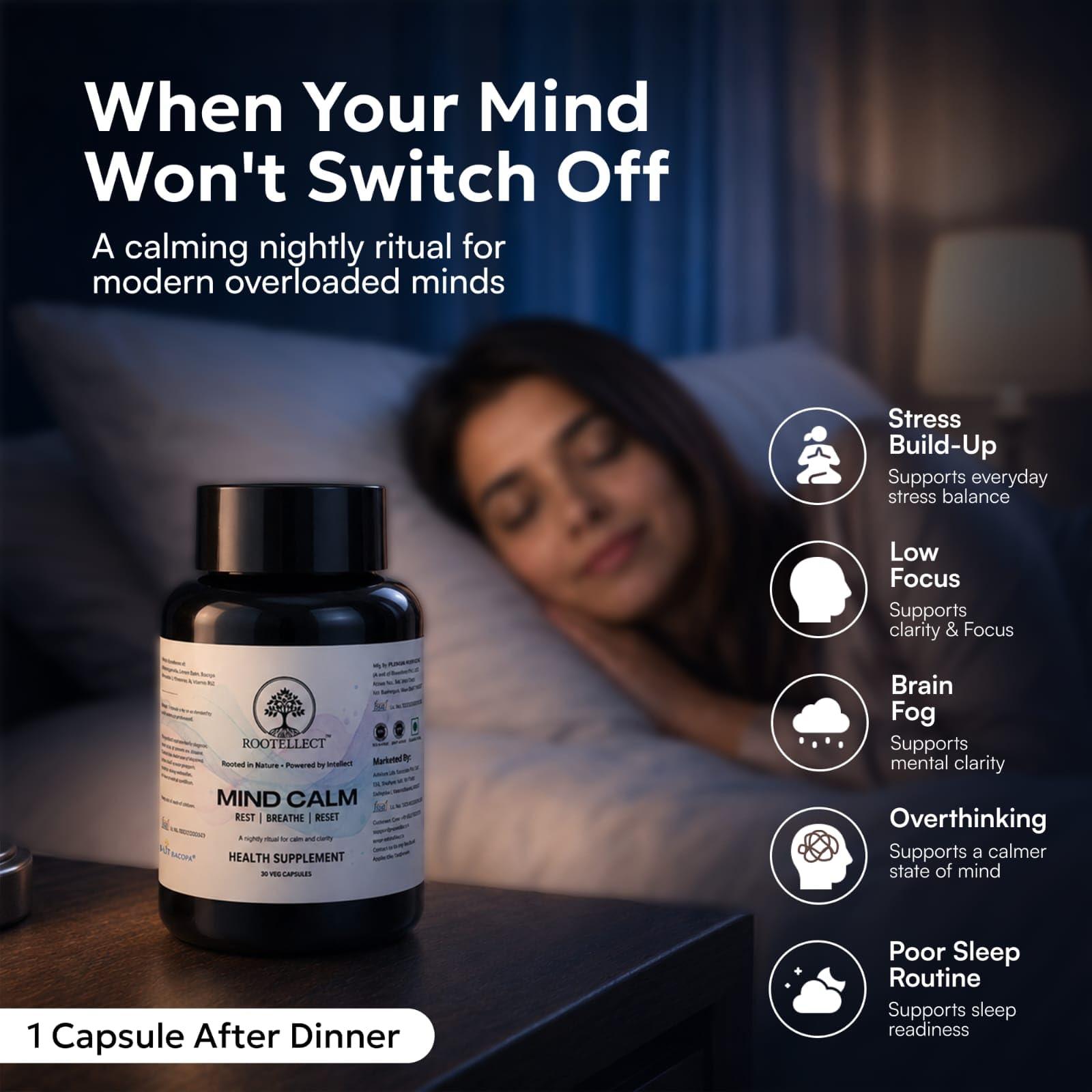 Mind Calm Supplement with B-LIT® Bacopa (Brahmi) 300 mg, L-Theanine & Jatamansi for Mental Clarity, Focus, Memory & Stress Relief | Brain & Focus | Non-Melatonin Sleep Supplement | 30 Veg Capsules — Amazon image 3