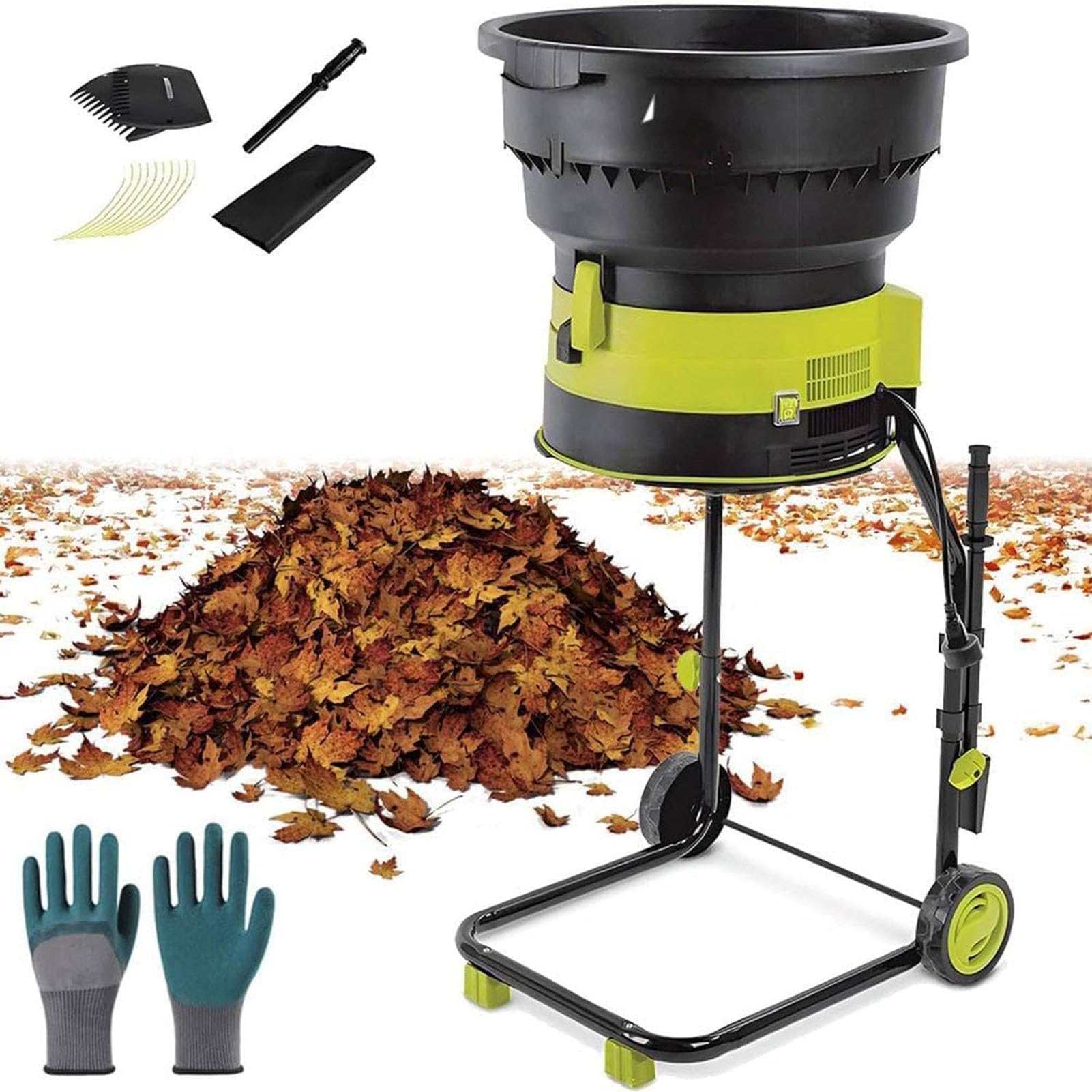 Trituradora Eléctrica de Hojas, Trituradora de Hojas De Jardín, con Ruedas, Rastrillo para Hojas, Bolsa de Almacenamiento, para Agujas de Pino, Paja y Residuos de Jardín, Sin Cable de Alimentación.
