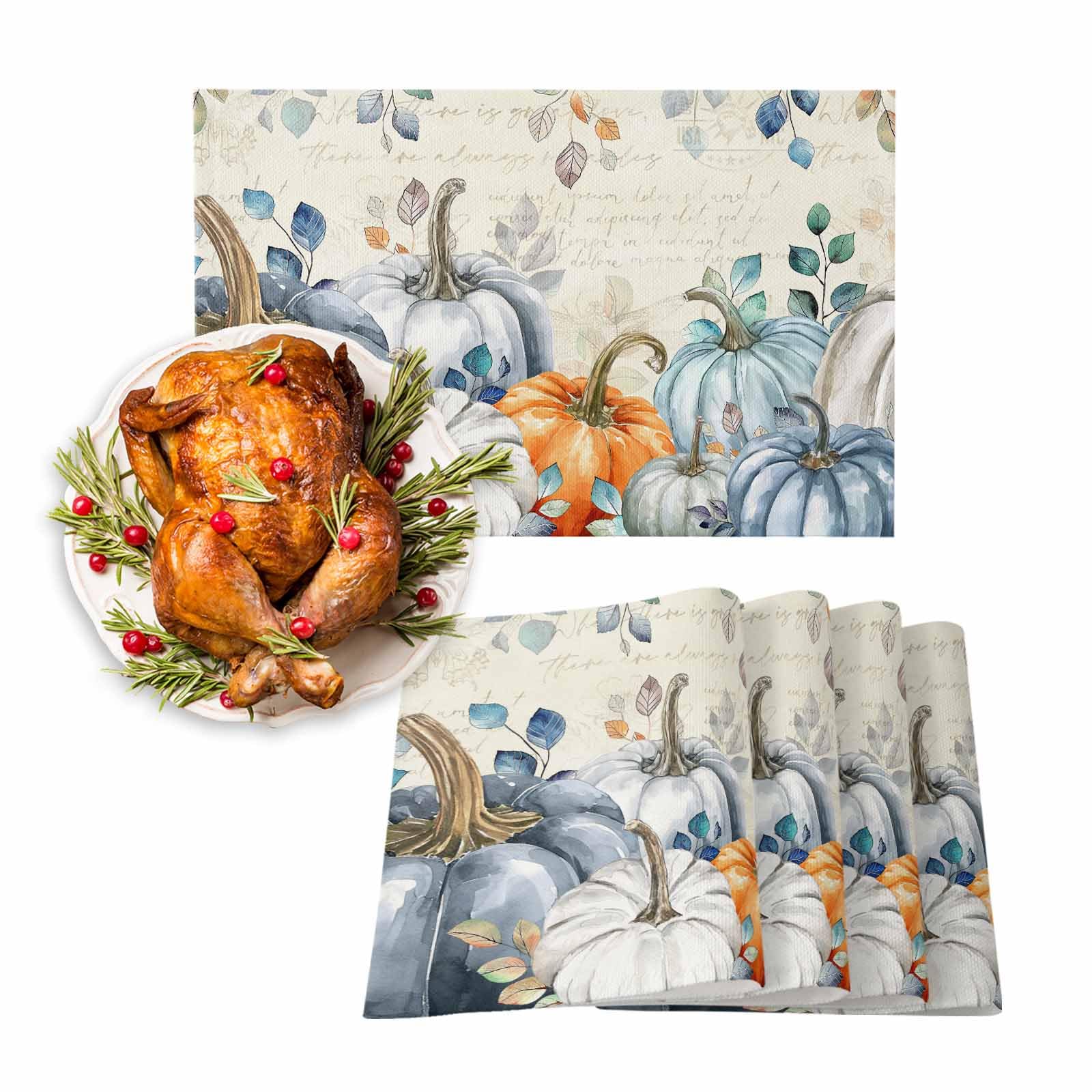 Fall Placemats Set of 6, Blue Pumpkin Placemat for Dining Table Decorations, Cotton Linen Autumn Place Mats, Teal Leaves Table Mats for Kitchen Dinner Harvest Thanksgiving Holiday Party Decor