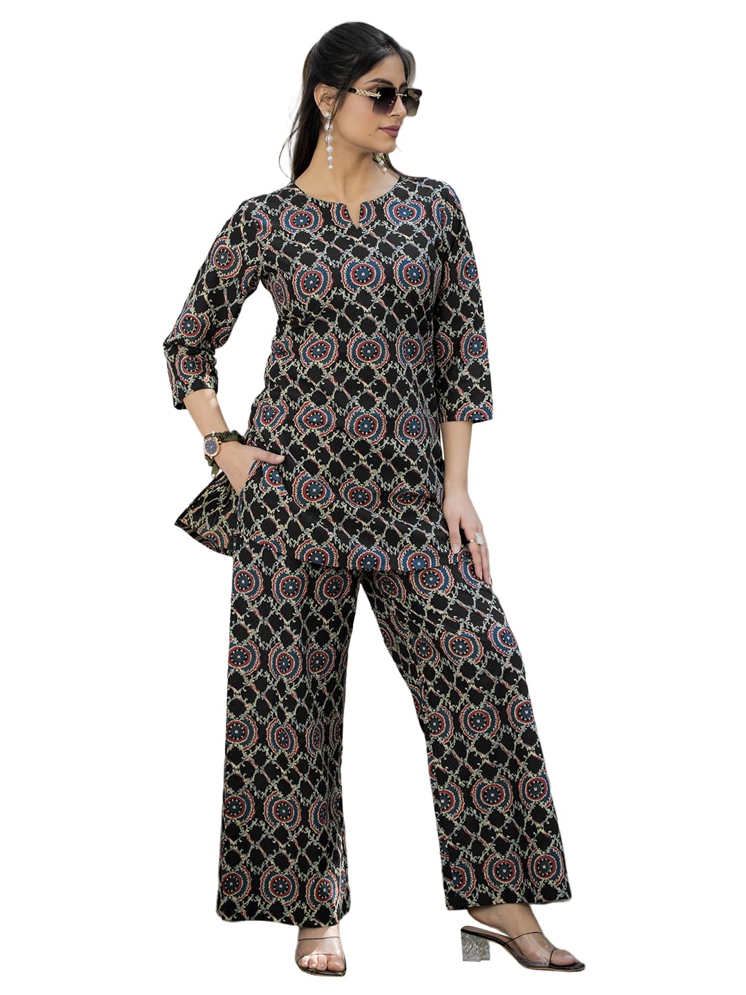 Pinkmint Pure Cotton Co Ord Set For Women L Flower & Leaf Pattern Set L 3/4 Sleeve Co Ord Set