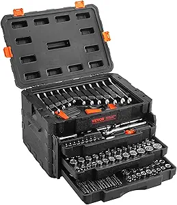 VEVOR Mechanics Tool Set and Socket Set, 1/4" 3/8" 1/2" Drive Deep and Standard Sockets, 450 Pcs SAE and Metric Mechanic Tool Kit with Bits, Combination Wrench, Hex Wrenches, Accessories, Storage Case